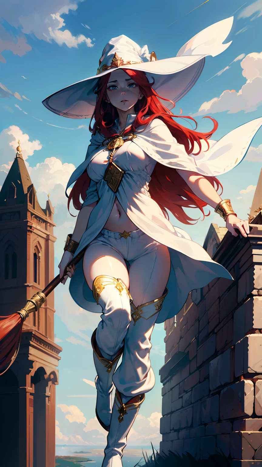 masterpiece, ultra detailed, 8k portrait, RAW photo, portrait photography, highly detailed face, beautiful and meticulous eyes, ((Fantasy)), Young beautiful, dynamic pose, (((Long Straight red hair))), ((witch)), White skin color, Luxury, Crystal necklace, (((cloudy white silk long cloak))) fluttering in the wind, (((tunic with goldline))), (((cropped pants)), (((leather boots))), ((Flying on a magic broom)), Midday Sun, hyper realistic, Body model, Big breasts, Beautiful breasts, Long legs, in the sky, Ambient lighting, Shadow details , Camera focus on thigh, strong breeze, Light fog