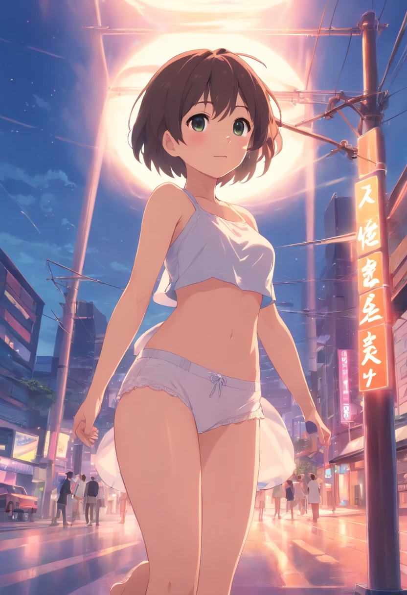 a cute loli，Barefoot，Tummy down，Look up at your head，raise her legs，white  panties，largeeyes，Cute faces in anime，toppless、NSFW、teats 、pink areolas、barechested、All nude、wearing no clothes