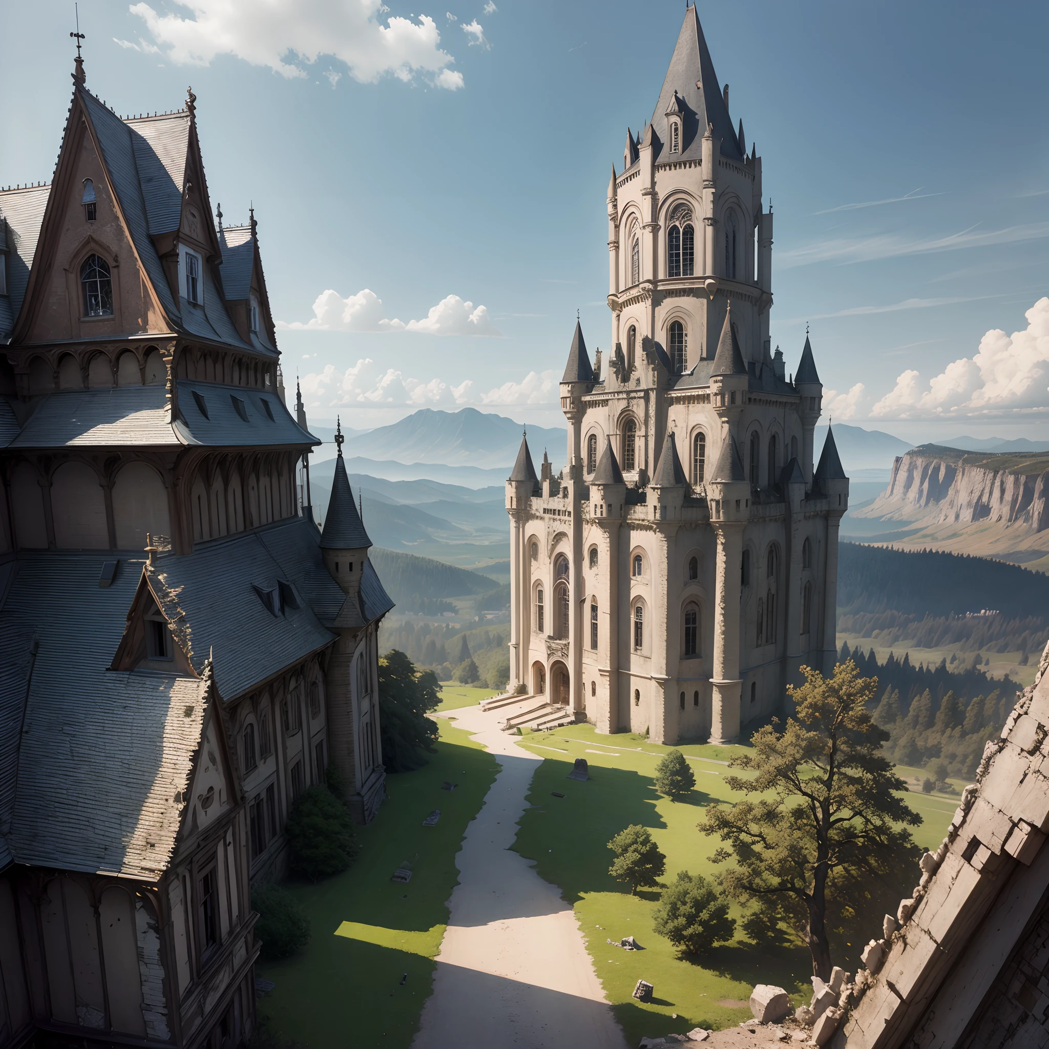 Best Quality, masterpiece, A high resolution, (photos realistic:1.4), surrealism, dream-like,fusionart，Dilapidated castle in the background
