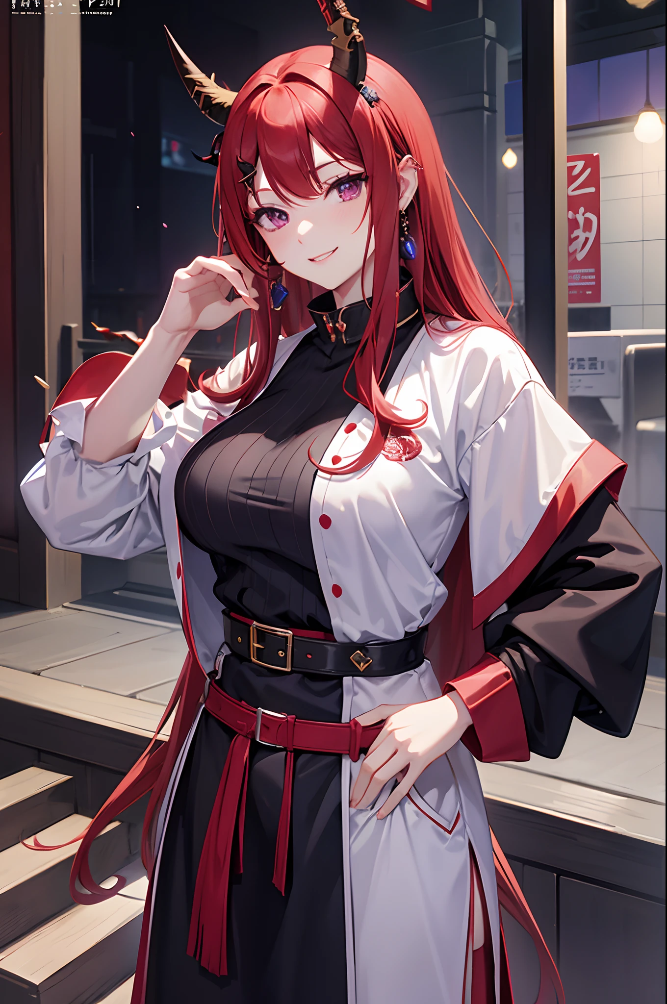 Cover magazine, anime, adult woman, solo, long hair, red hair, purple eyes, two horn, dragon horn, black horn, complex horn, dragon woman, model, beautiful, fantasy, Casual clothes. Hair accessories. Unusual hairstyles. Earrings. Smile. Greeting. Sharp ears. Half body potrait.
