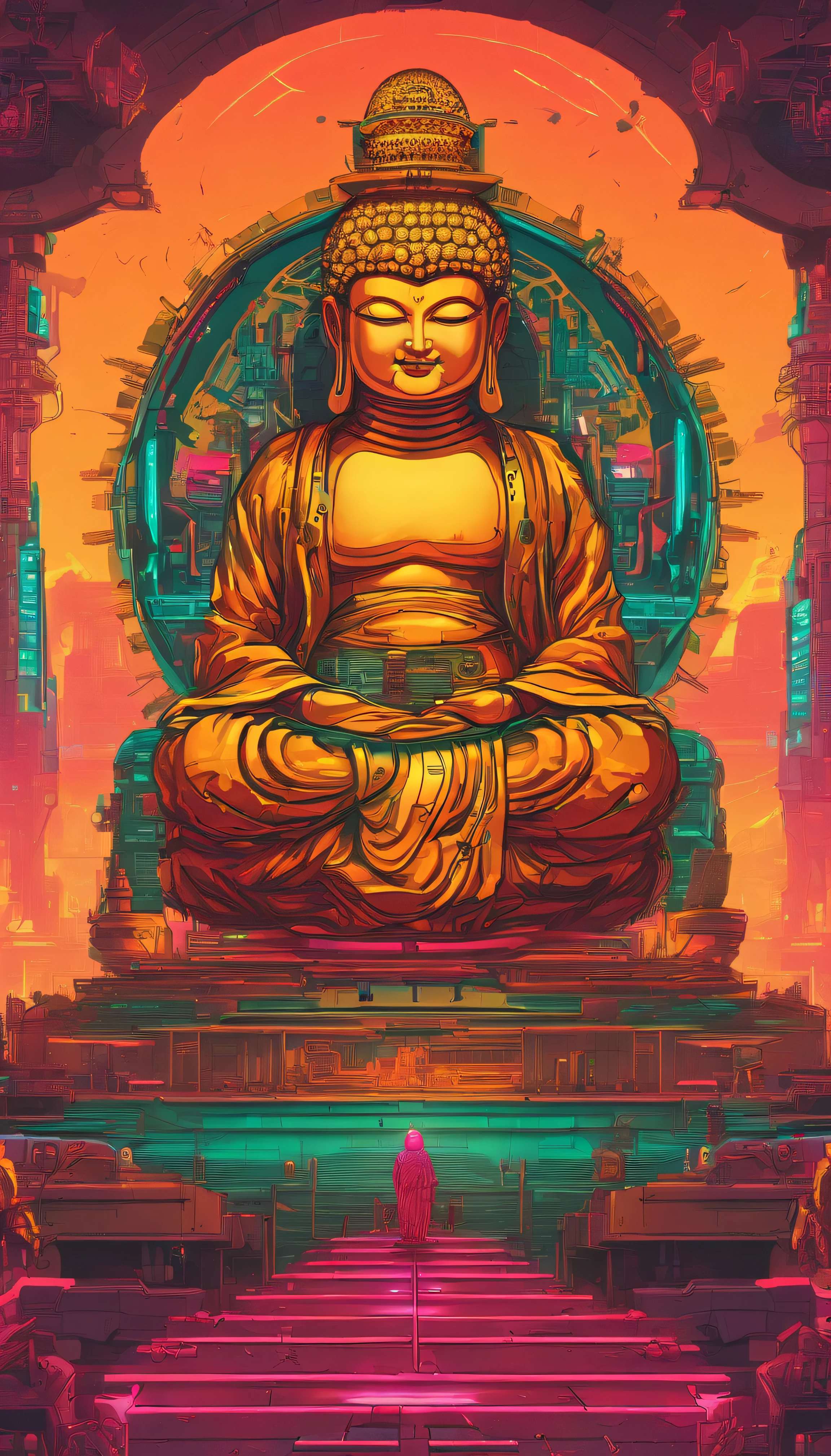 Super giant mechanical Buddha statue，Adoring crowds，In steampunk style，super-fine，8K，Works of masters，Meticulous mechanical depiction，OC renderer，