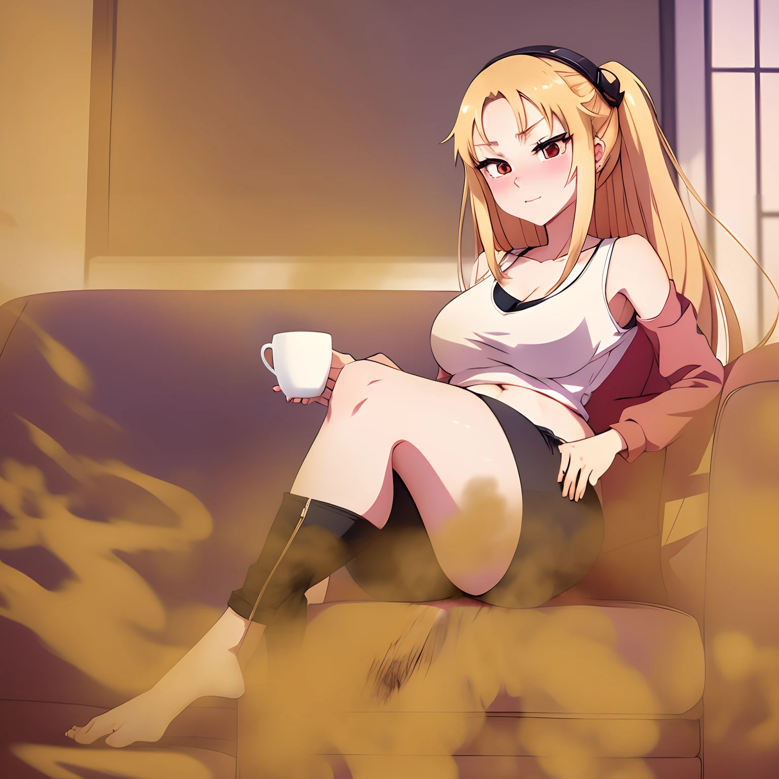 araffe sitting on a couch holding a cup of coffee, casual pose, anime shaded perfect body, anime full figure, anime perfect body, anime artstyle, attractive pose, kawaii art style, animepicture, casually dressed, sexy pose, character is in her natural pose, relaxed pose