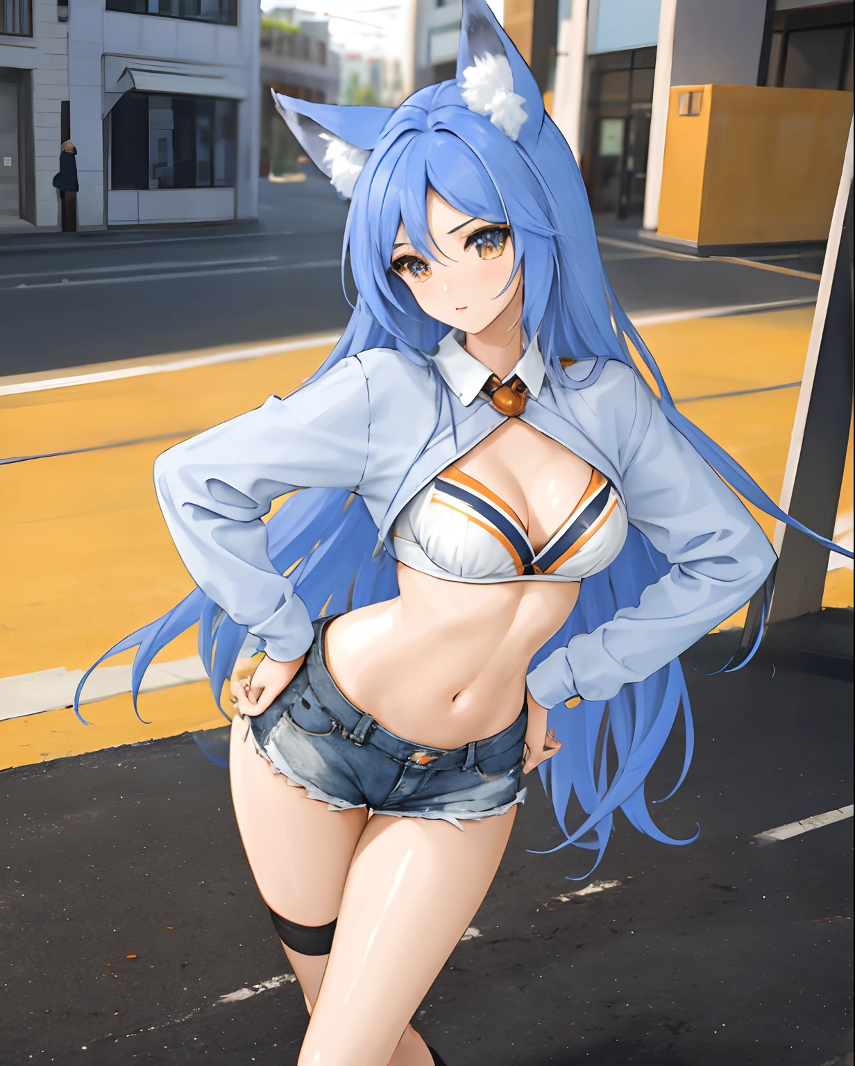 chaesu-minah, 1girl, solo, white crop top, cleavage, medium breasts, athletic body, short shorts, ((open shorts showing panties, panty straps:1.2, hands on hips,)), blue eyes, blue hair, 8k, high resolution, shallow depth of field, high detailed, in the street, masterpiece, best quality, highly detailed, fox girl, fox ears, fluffy blue fox tail,