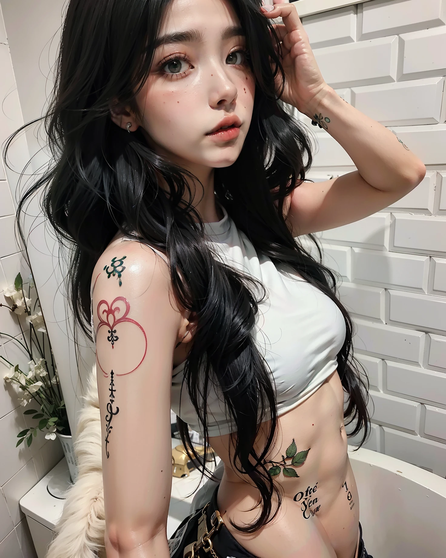 ulzzang de siren green eyes, cabelo preto longo, decote, roupa rasgada, tatuagem, piercings
melhor qualidade, obra-prima, (fotorrealista: 1.4)