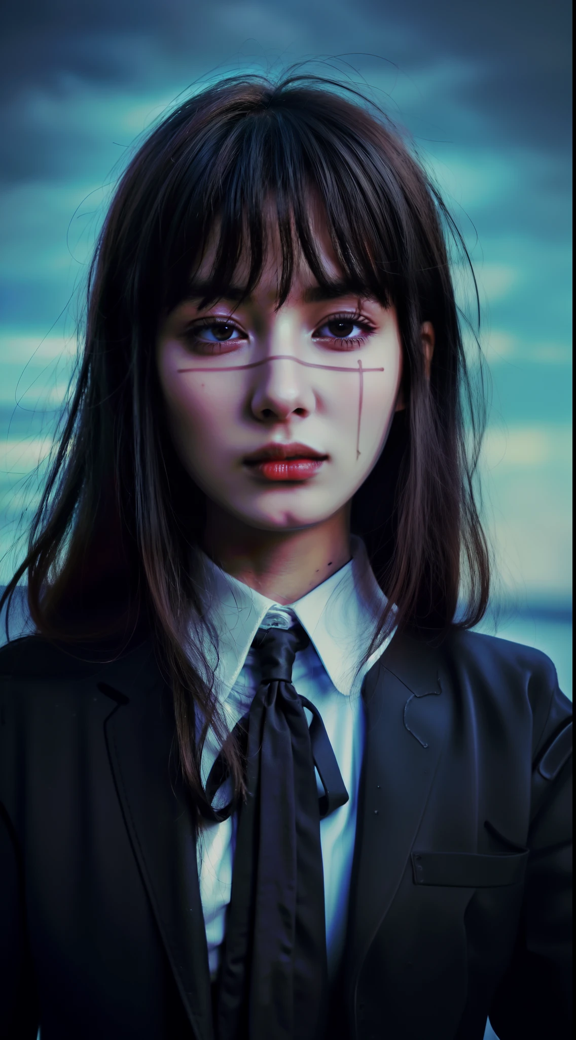 1girl, (solo:1.2), ((masterpiece)), (shadow), [slim], (very high quality:2), (small breasts), (detailed:1.7), (thick lines), cinematic lighting, (textured skin), ((sharp focus)), ((very clear)), drop shadow, focused, shading, tracing, smooth, pale skin, sharp, (pixiv), ((detailed surroundings)), yoru, black hair, long hair, scar on face, standing, spirals in eye pupils, closed mouth, upper body, ocean, halo, school uniform