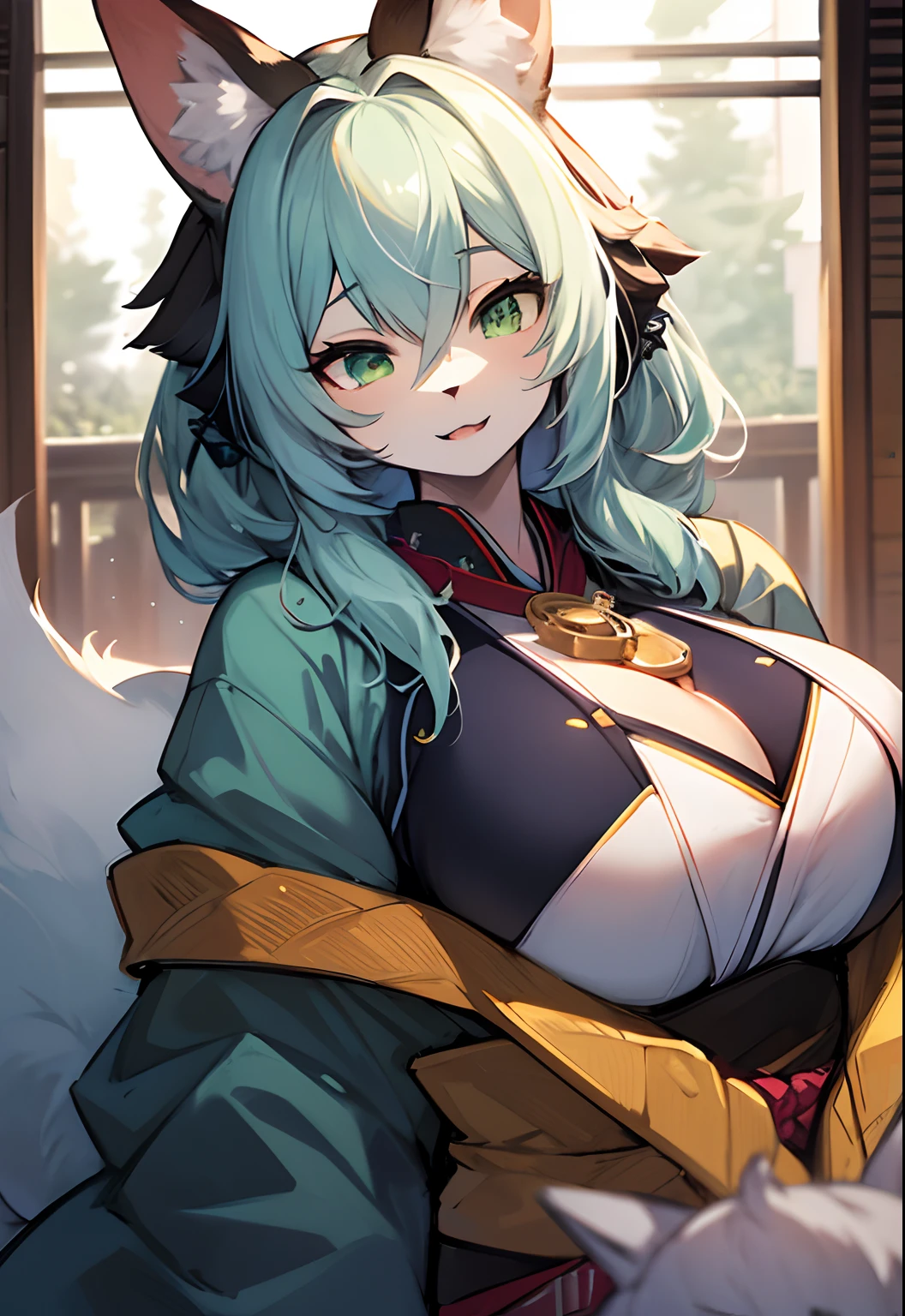 Dark blue fur, Fox, Furry, Light Green eyes, Big Chest, kimono, female