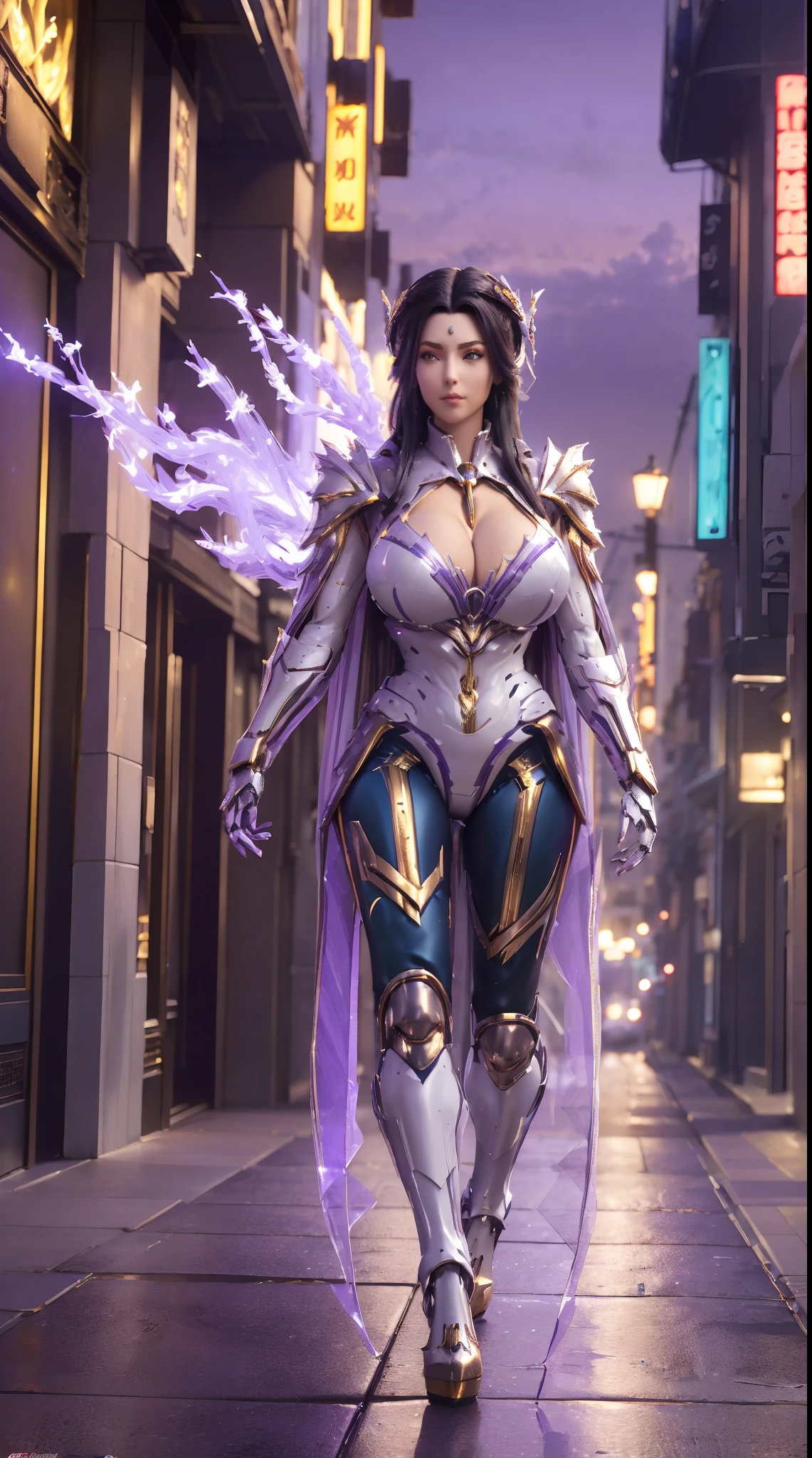 1GIRL, SOLO, (ssmile, makeup, beautifull eyes, red libs, black ponytail hair, gold ornament hair), (HUGE FAKE BOOBS:1.3), (GUARD ARM), (white, purple, blue, FUTURISTIC MECHA PHOENIX ARMOR SUIT, ROYAL CAPE, CLEAVAGE, SKINTIGHT YOGA PANTS, HIGH HEELS:1.5), (SLENDER BODY, SEXY LONG LEGS, FULL BODY:1.3), (LOOKING AT VIEWER:1), (WALKING DOWN ON STREET NIGHT CITY:1.3), PHYSICALLY-BASED RENDERING, ULTRA HIGHT DEFINITION, 16K, 1080P.