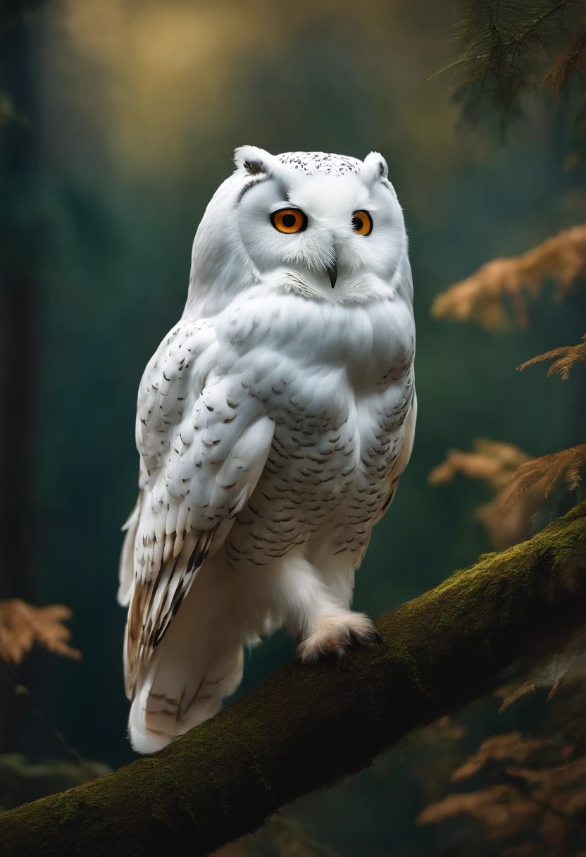 backlight a white owl:1.5, standing on a tree trunk, dark background is very dark night, hyper realistic image, masterpiece, mystery, mystic, imposing, majestic, HD, 8k