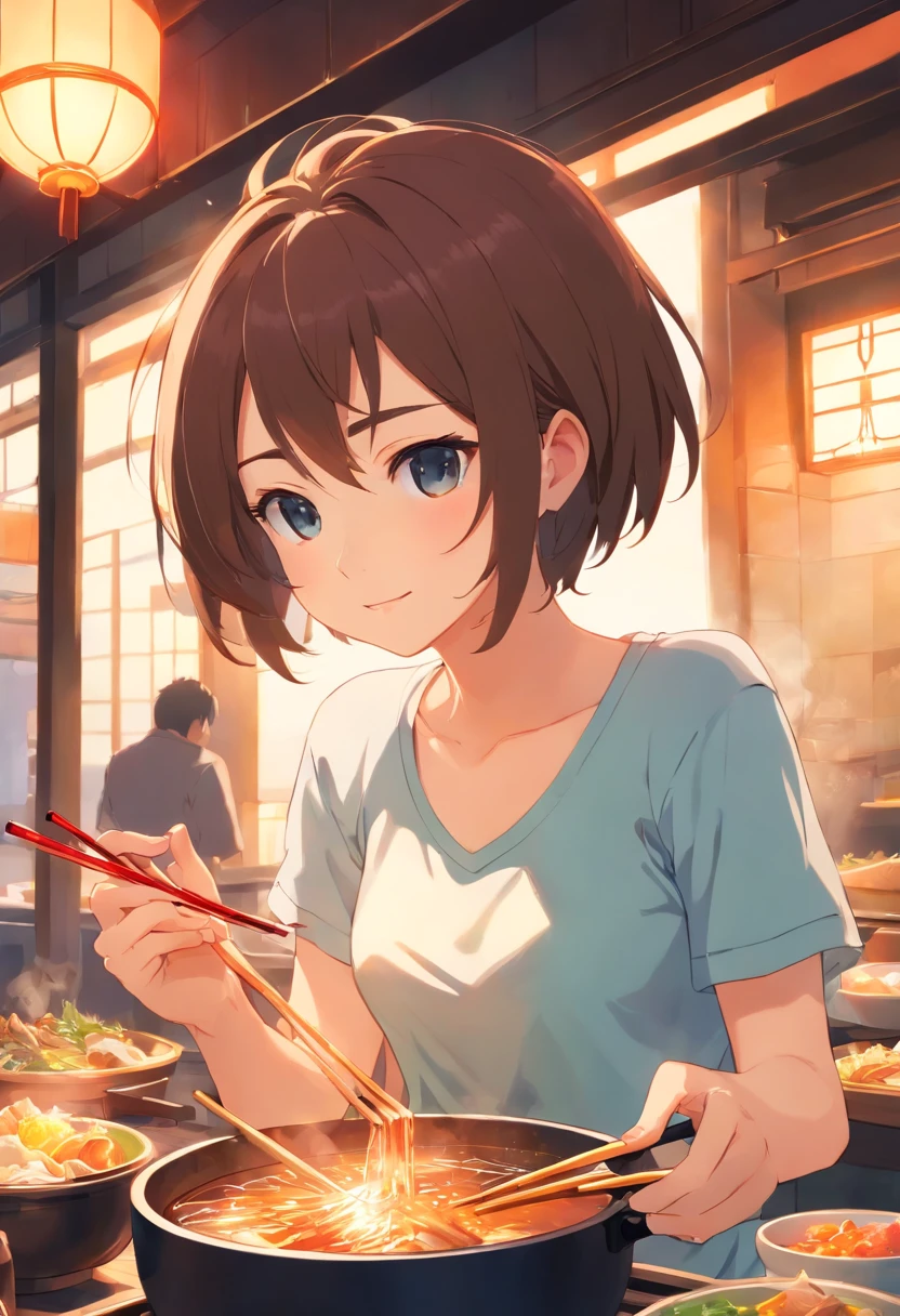short detailed hair, Young woman、Chopsticks in hand、Eat hot pot、whitet-shirt:0.8、gleeful、closeup clothes、Look down at the clothes