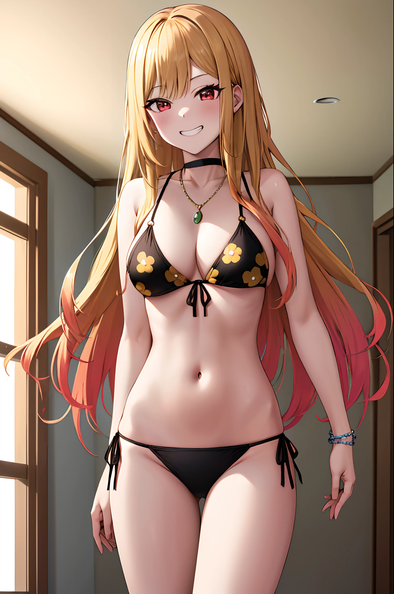 masterpiece, best quality, highres, kitagawa marin, 1girl, blonde hair, long hair, multicolored hair, red eyes, jewelry, necklace, choker, black bikini, floral print, bracelet, side-tie bikini bottom, cowboy shot, indoors, room, standing, grin