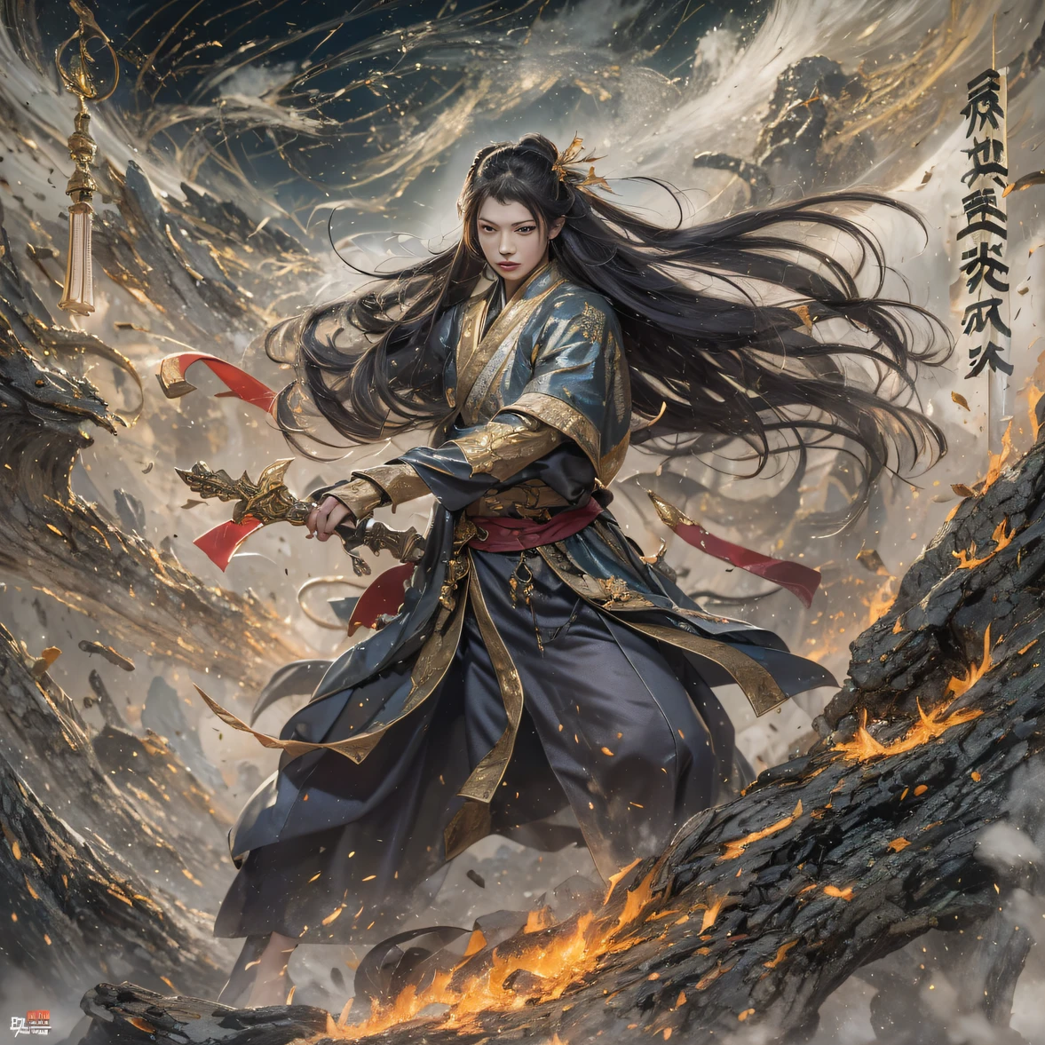 Qin Yu flew into the Immortal Demon Realm, Chance encounter with Liu Hanshu, He saw in him his former self, It was decided to take him as an apprentice, Teach him how to protect himself, But because of the Tibetan star map, He established relationships with the Liu family and the Jade Sword Sect, It opens with the death of Liu Hanshu, Qin Yu embarked on the road of confrontation with a strong enemy, Working hard, Make yourself stronger, Stick to your own core path of justice, I also want to protect the people I care about, The three brothers took off, And embarked on a long journey to find a good brother, Qin Yu, Where are Xiao Hei and Hou Fei(canyons)Climb the streets(Doomsday Stream)eyes filled with angry,He clenched his fists,Rush up,Deliver a fatal blow to your opponent,full bodyesbian,Full Body Male Mage 32K(Masterpiece Canyon Ultra HD)Long flowing black hair,Campsite size,zydink, The wounded lined up in the streets(canyons)Climb the streets, The scene of the explosion(canyons), (Linen batik scarf), Angry fighting stance, looking at the ground, Batik linen bandana, Chinese python pattern long-sleeved garment, canyons(Abstract propylene splash:1.2), Dark clouds lightning background,Flour flies(realisticlying:1.4),Black color hair,Flour fluttering,rainbow background, A high resolution, the detail, RAW photogr, Sharp Re, Nikon D850 Film Stock Photo by Jefferies Lee 4 Kodak Portra 400 Camera F1.6 shots, Rich colors, ultra-realistic vivid textures, Dramatic lighting, Unreal Engine Art Station Trend, cinestir 800,Flowing black hair,(((Jungle Canyon)))The wounded lined up in the streets(vale)Climb the streets,Movie master real-time image quality