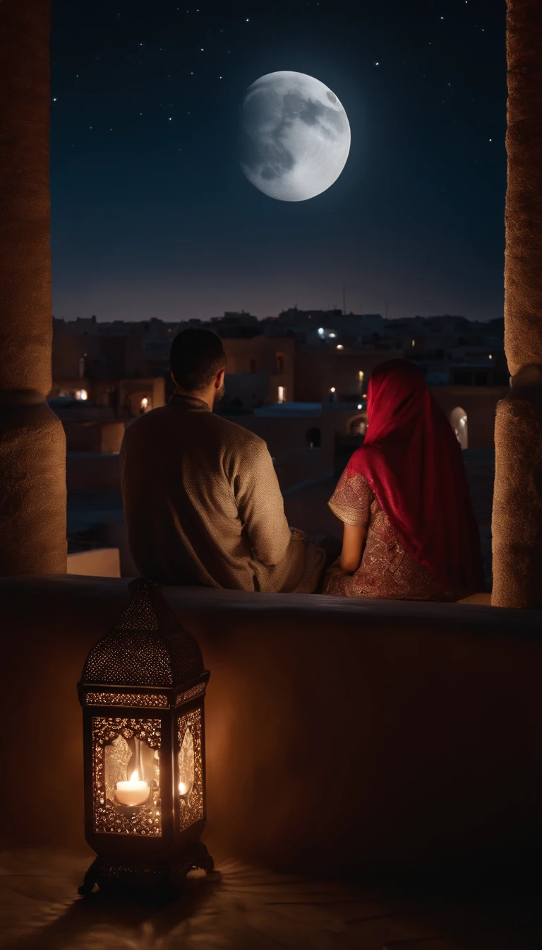 hyper realistic photo, ultra detailed photograph of a beautiful Moroccan rooftop, man and woman from behind, face hidden, towards view, praying together, photorealistic, riad rooftop, Amazigh pillows, Marrakech view, stunning moon, shimmering stars, iridescent, hyperrealism, moroccan lamps, Ultra photoreal, Intricate details, Ultra detailed, photorealistic, great high details, hyper real photo, 8k, extreme quality, gorgeous roses, exotic, glimmering lights, magical, romantic, wishing