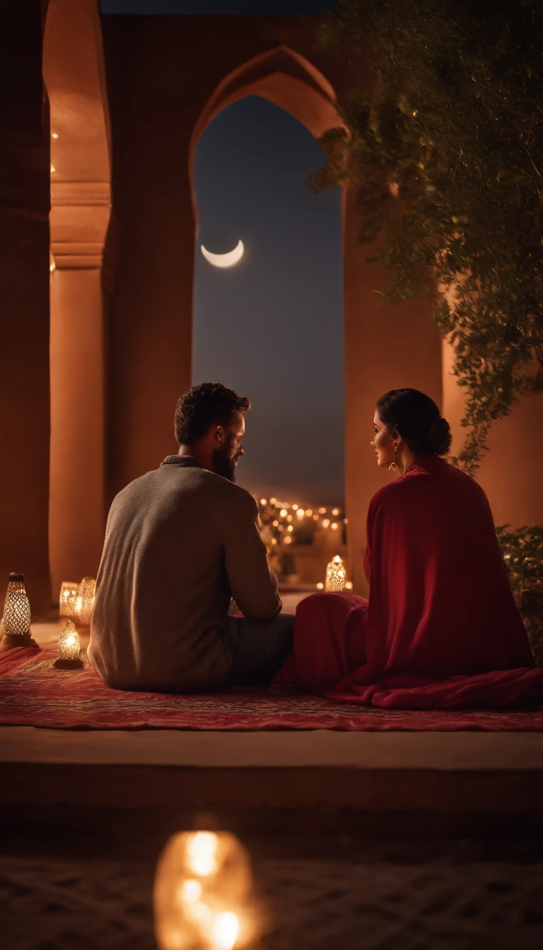 hyper realistic photo, ultra detailed photograph of a beautiful Moroccan rooftop, man and woman from behind, face hidden, towards view, praying together, photorealistic, riad rooftop, Amazigh pillows, Marrakech view, stunning moon, shimmering stars, iridescent, hyperrealism, moroccan lamps, Ultra photoreal, Intricate details, Ultra detailed, photorealistic, great high details, hyper real photo, 8k, extreme quality, gorgeous roses, exotic, glimmering lights, magical, romantic, wishing