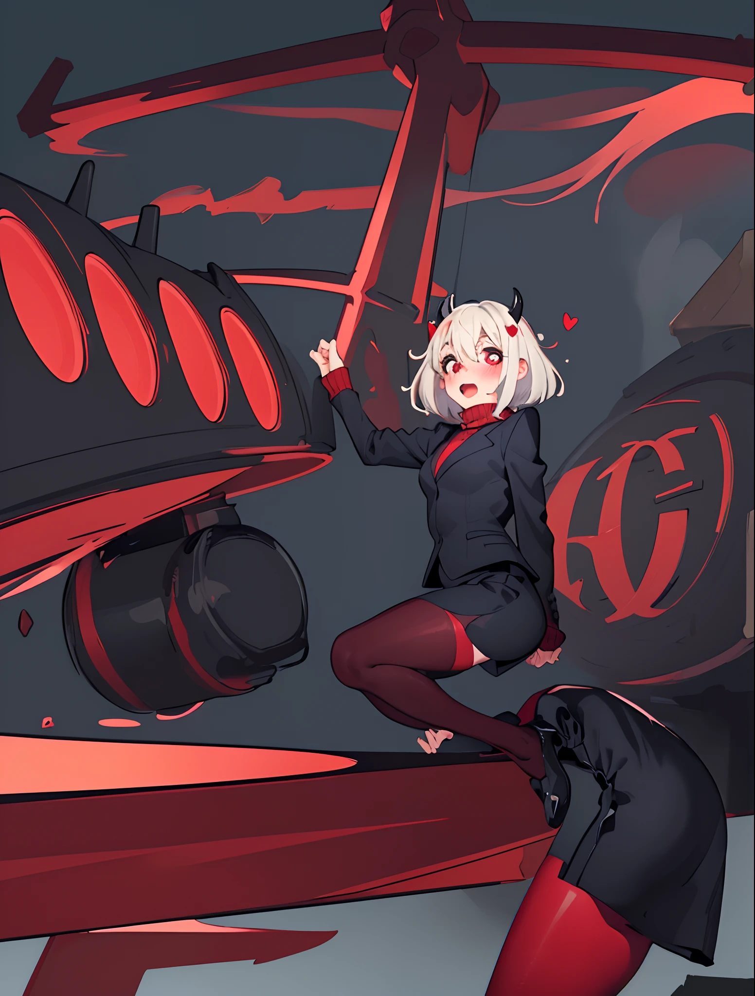 (masterpiece, best quality:1.2), cowboy shot, solo, 1girl, htmodeus, blush, open mouth, looking at viewer, heart-shaped pupils, white medium short hair, black horns, black daemon tail, formal, black jacket, red sweater, turtleneck, sleeves past wrists, black skirt, red pantyhose