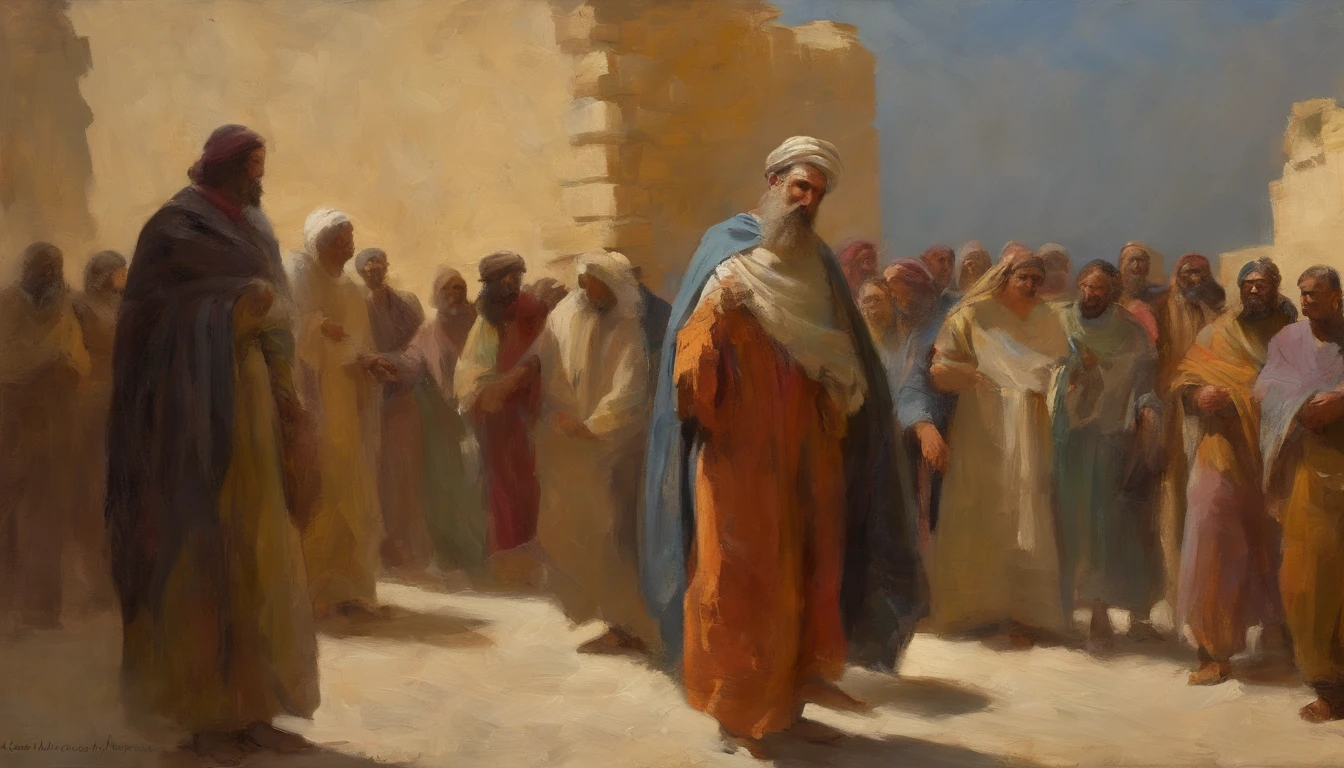 Jeremiah,sermon, The cry of the prophet,Multi-person gatherings, parchment,Old dress,Biblical related,Historical reference,High quality artwork and details,Realistic portrait style,Subtle color palette,Vibrant background,Natural textures,Deep shadows,subtle highlights,historically accurate,Attention to detail,Emotional depth and power,Authentic expression,Thought-provoking,spiritual ambiance,An ancient sense of wisdom,Deep impact