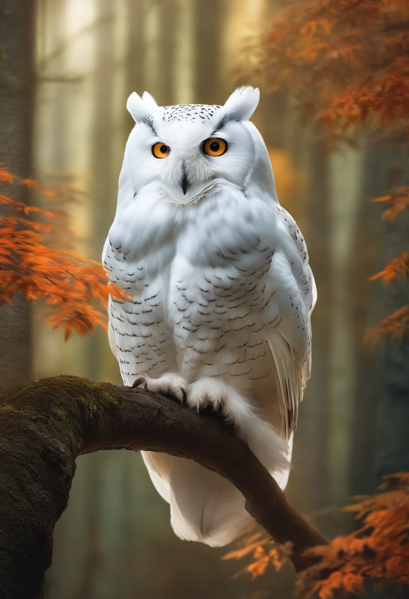 A beautiful white owl in the forest is flying in the distance