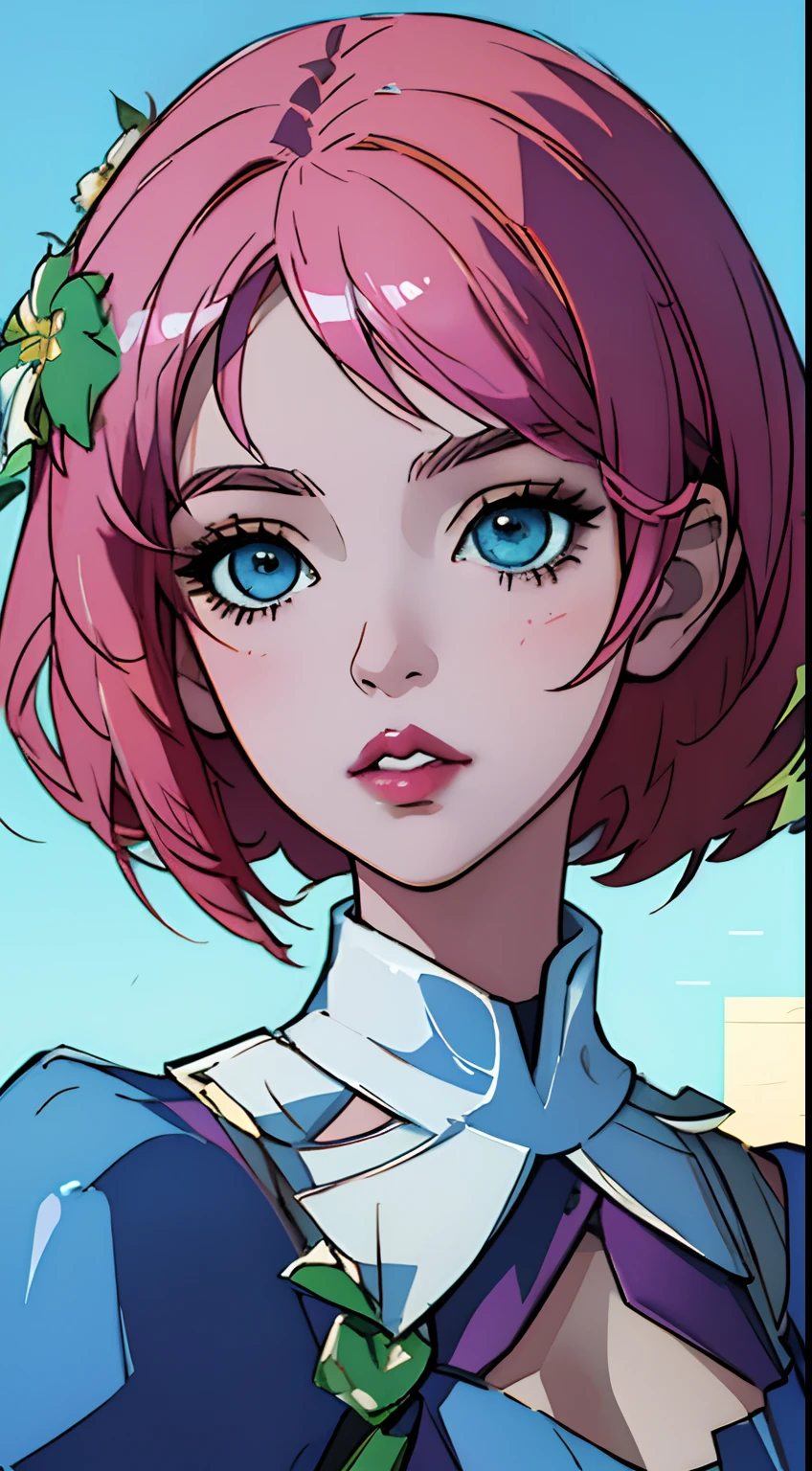 (master part, melhor qualidade) Alisa Rosto bonito, Olhos verdes detalhados , roupas elegantes e detalhadas , puffy lips ,Short Pink Hair Flower Accessories, (melhores detalhes) ( melhor qualidade) espetacular, dramatic scenery, Tekken , Digital anime illustration, estilo anime 4K, por Yang J, arte de anime digital detalhada, arte digital estilo anime, a beautiful artwork illustration, Digital anime illustration, arte de anime digital, 8k arte detalhada de alta qualidade