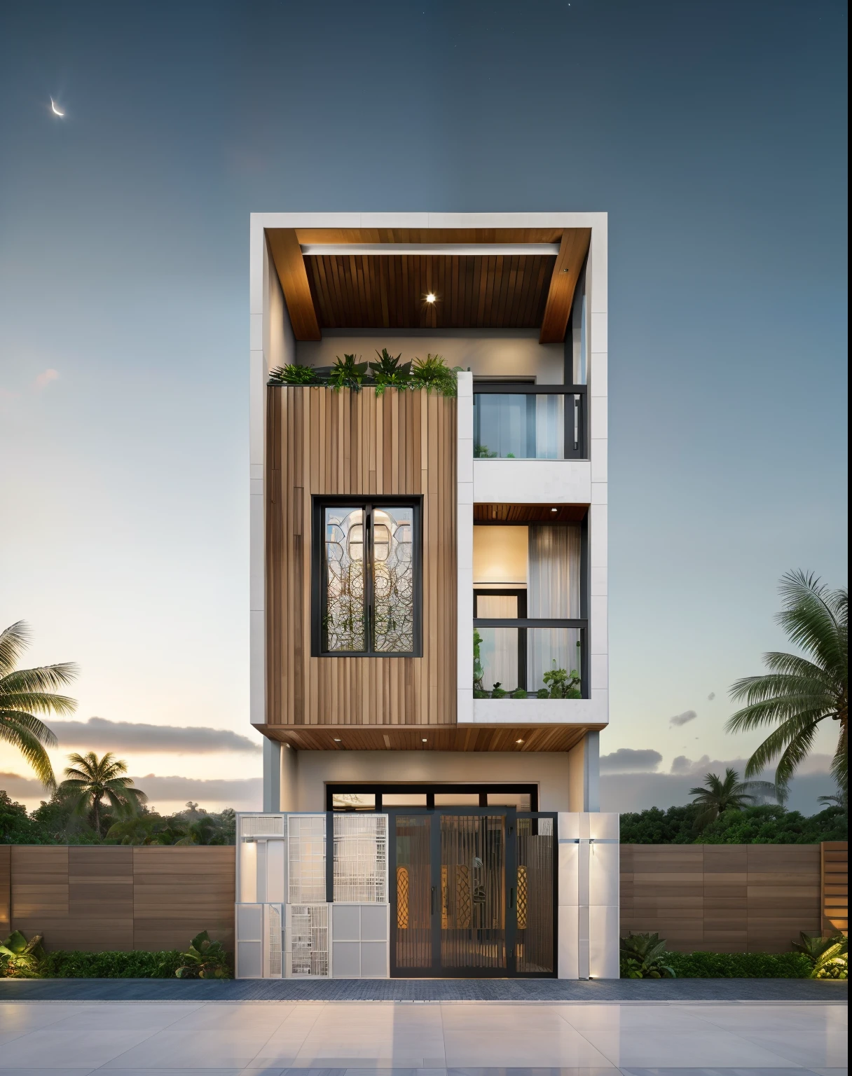 RAW photo,Masterpiece, high quality, best quality, authentic, super detail, townhouse, modern house with (tile wall:1.2), glass windows, (wooden ceiling:1.1), railing glass, gate, fence, tropical trees, sunset, night sky, decorative lights, (high detailed :1.2), 8k uhd, dslr, soft lighting, high quality, film grain, Fujifilm XT3