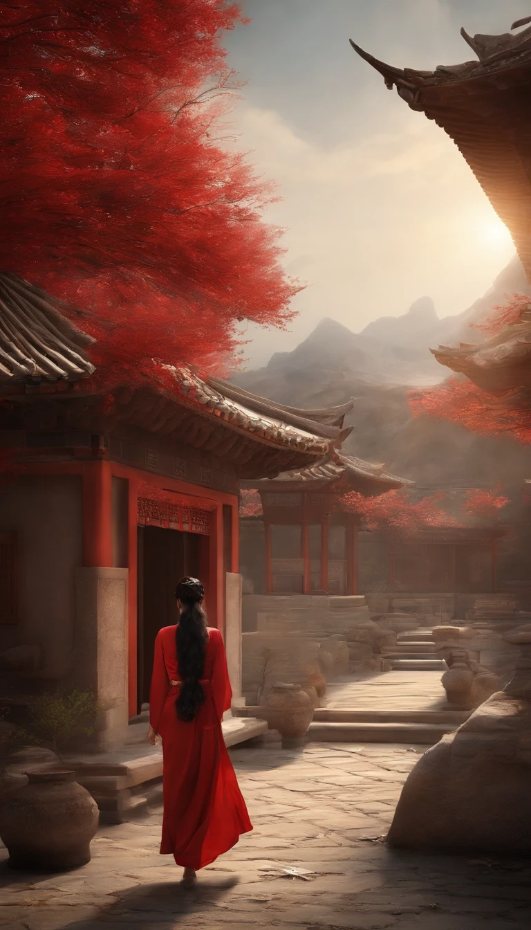 best qualtiy,tmasterpiece,hyper realisitc,超高分辨率,(realisticlying:1.4),Oriental ancient house in the background,Breakage,Broken,Detal Face, 1 Oriental Girl,Redcoat,Wedding dress,red veil,(Ghost smoke:1.2),The upper part of the body,a beauty girl,full bodyesbian,buliding,