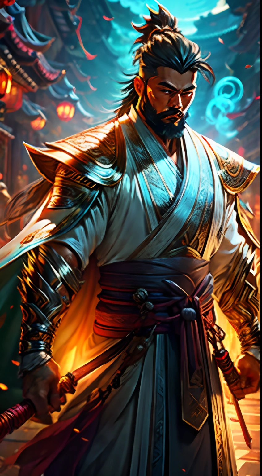 1boys, Abs, Beard, Cape, clenched hand, Facial hair, Holding, holdingsword, Jade jewelry, Male focus, Manly, Muscular, Muscular male, chest muscle, Solo, {Bone Greatsword}，Chinese style,Full shot,[[[hair splayed out]]],Fur cape,Scar，tribe,Patriarch,tribal tattoos,full bodyesbian,Mature male,Xia Dynasty,Hanfu