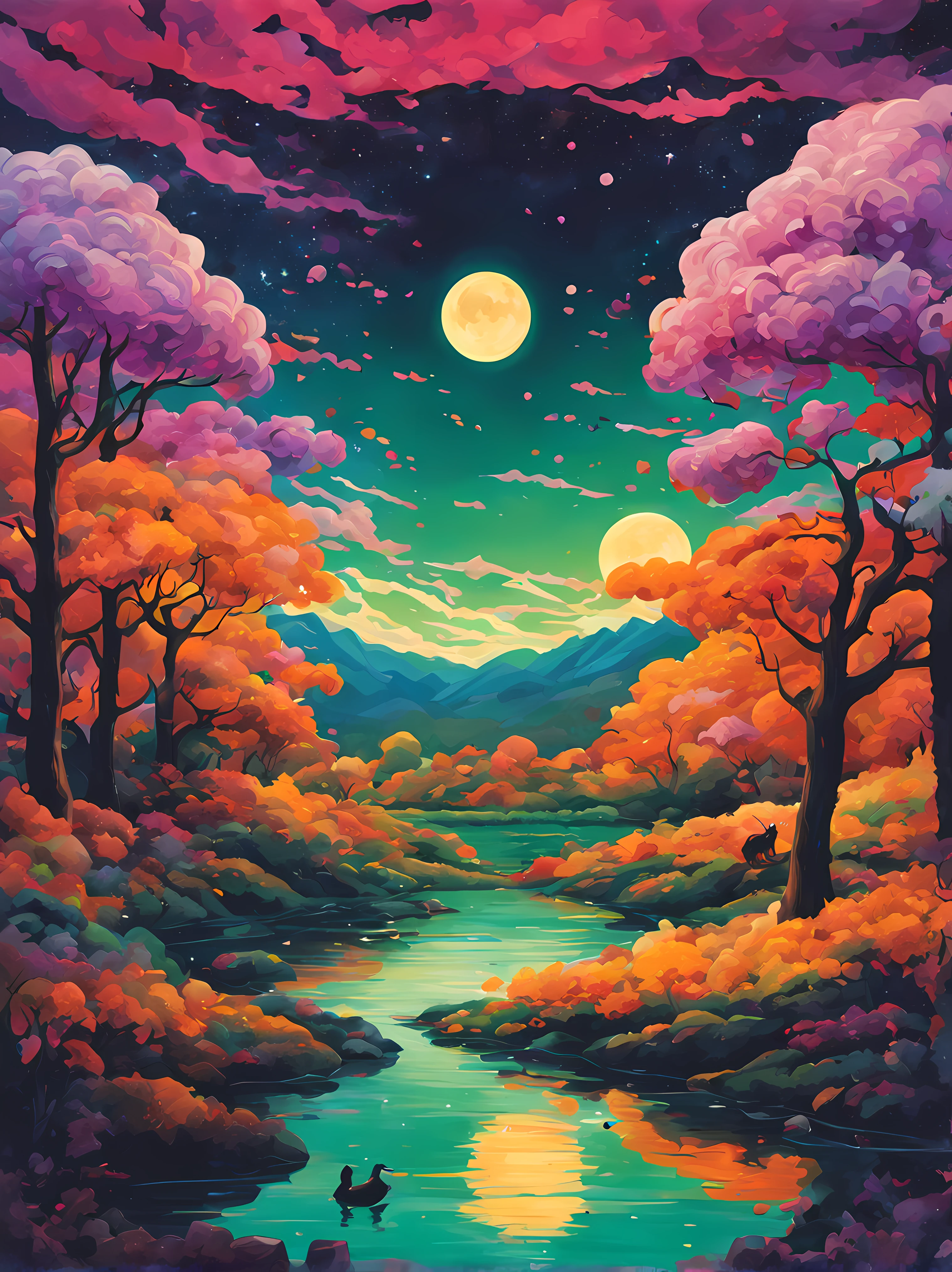 halloween theme, Beautiful majestic river landscape, nebula and starlit sky, Mind expanding, Optical art, Art nouveau, Psychedelic art, kaleidoscopic, Bright, Green, Pink, Purple, orange and Yellow, golden ratio, fake detail, trending pixiv fanbox, acrylic palette knife, style of makoto shinkai studio ghibli genshin impact james gilleard greg rutkowski chiho aoshima