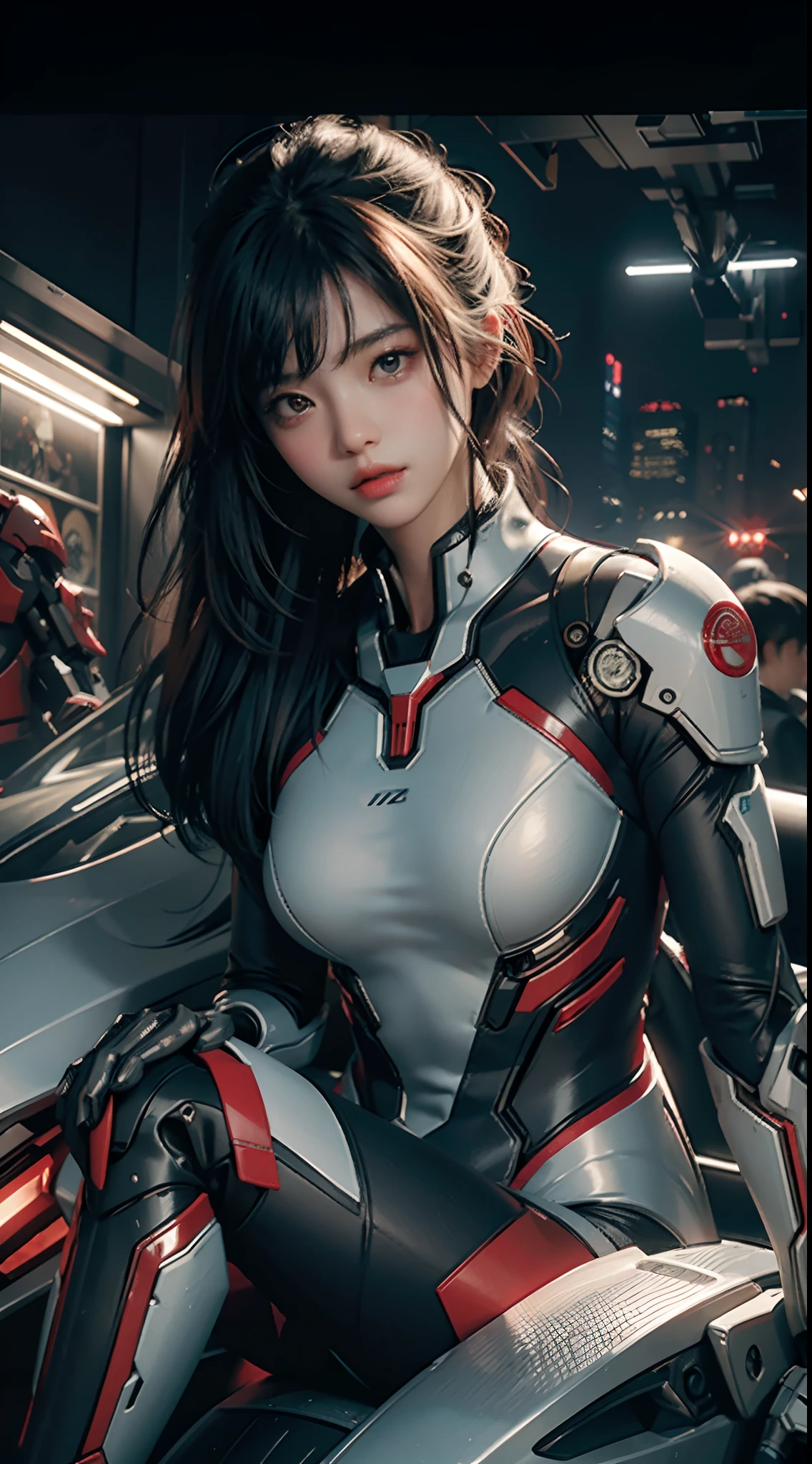 Highest image quality,Outstanding details,超高分辨率,(fidelity:1.4),The best illustration,Favor the details,Highly cohesive 1girl,He has a delicate and beautiful face,Leaning on a red humanoid mech,lottalewdsLargeMecha,The background is a high-tech lighting scene in the future city。
