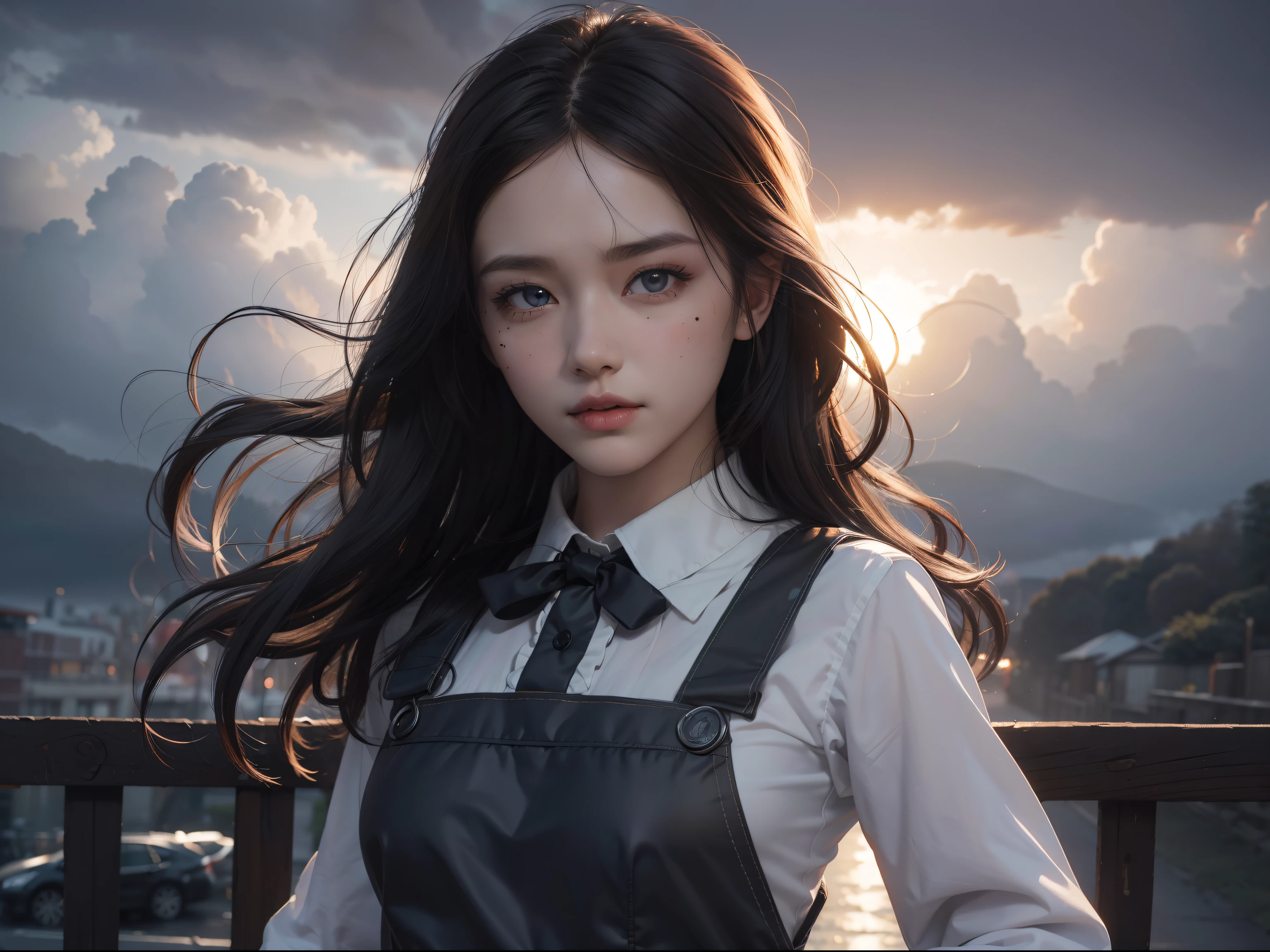 (Hyper-realistic), (Illustration), (High resolution), (8K), (Extremely detailed), (Best Illustration), Yol ( chain saw man ), (Beautiful detailed eyes), (Best Quality), (Ultra-detailed), (masutepiece), (Wallpaper), (Detailed face), Solo, Upper body, Focus on Face, 1 girl, Long Black Hair, Korean, Thin eyeshadow, A detailed eye, Brown eyes, Small moles under the eyes, Long sleeve shirt, Neckbow,  Small breasts, pinafore dress, Dynamic Pose, low illuminance, Night, Dark, Clouds, a dark night