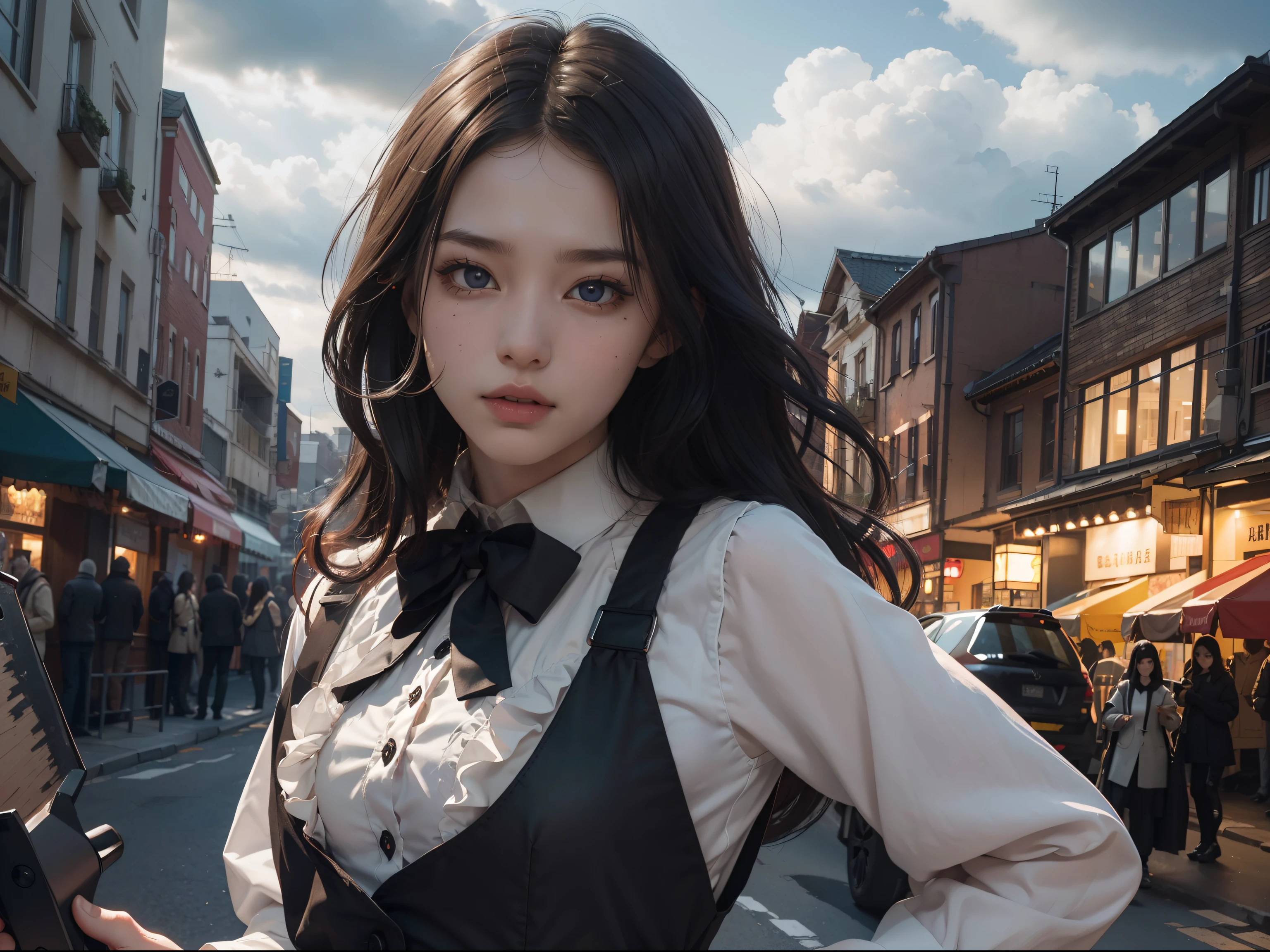 (Hyper-realistic), (Illustration), (High resolution), (8K), (Extremely detailed), (Best Illustration), Yol ( chain saw man ), (Beautiful detailed eyes), (Best Quality), (Ultra-detailed), (masutepiece), (Wallpaper), (Detailed face), Solo, Upper body, Focus on Face, 1 girl, Long Black Hair, Korean, Thin eyeshadow, A detailed eye, Brown eyes, Small moles under the eyes, Long sleeve shirt, Neckbow,  Small breasts, pinafore dress, Dynamic Pose, low illuminance, Night, Dark, Clouds, a dark night
