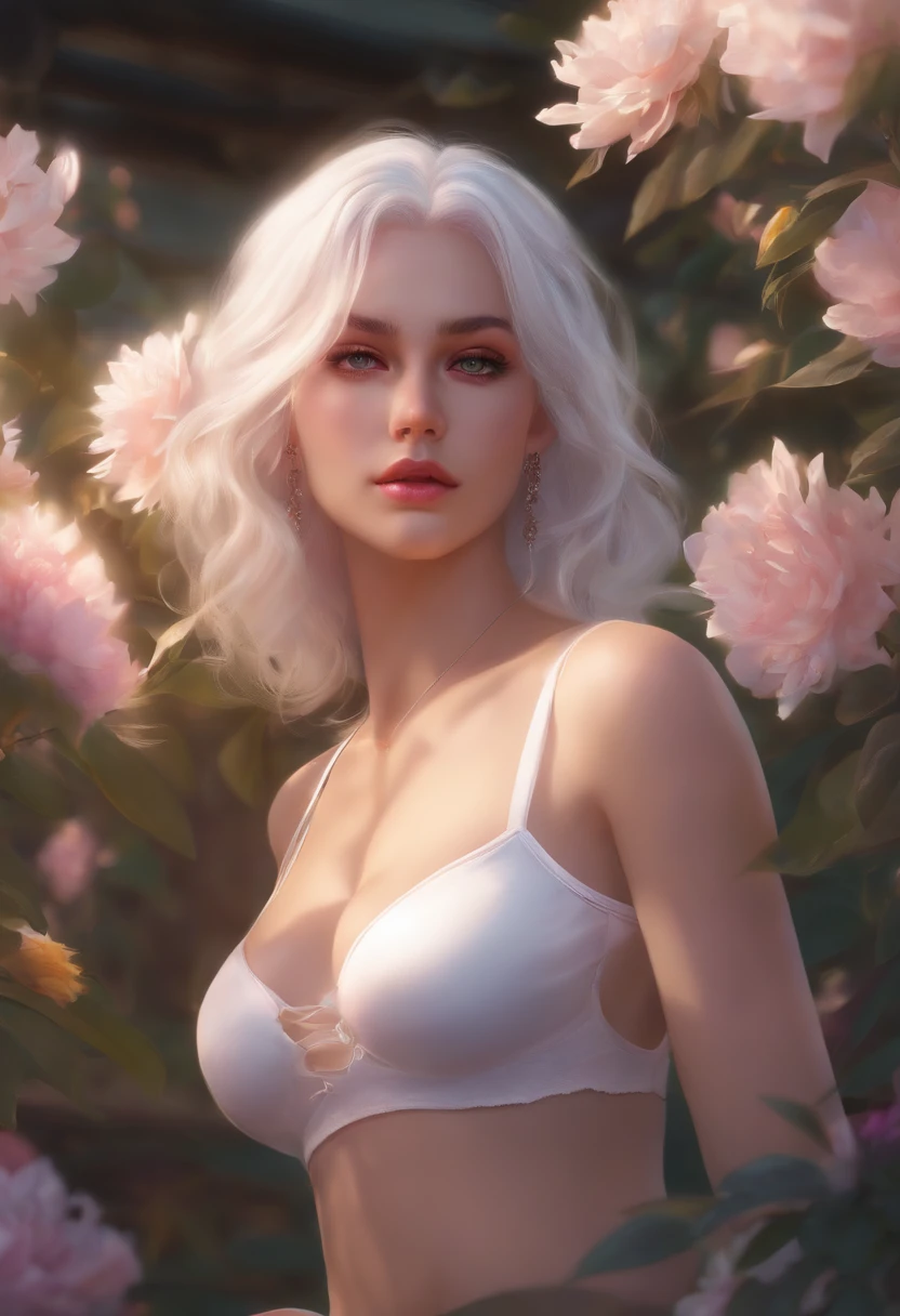 realistic, 1girl, white hair, purple eyes, glowing eyes, crop top, skirt, parted lips, blush, night, flowers, sun, sunlight, White thong panties and white translucent bra