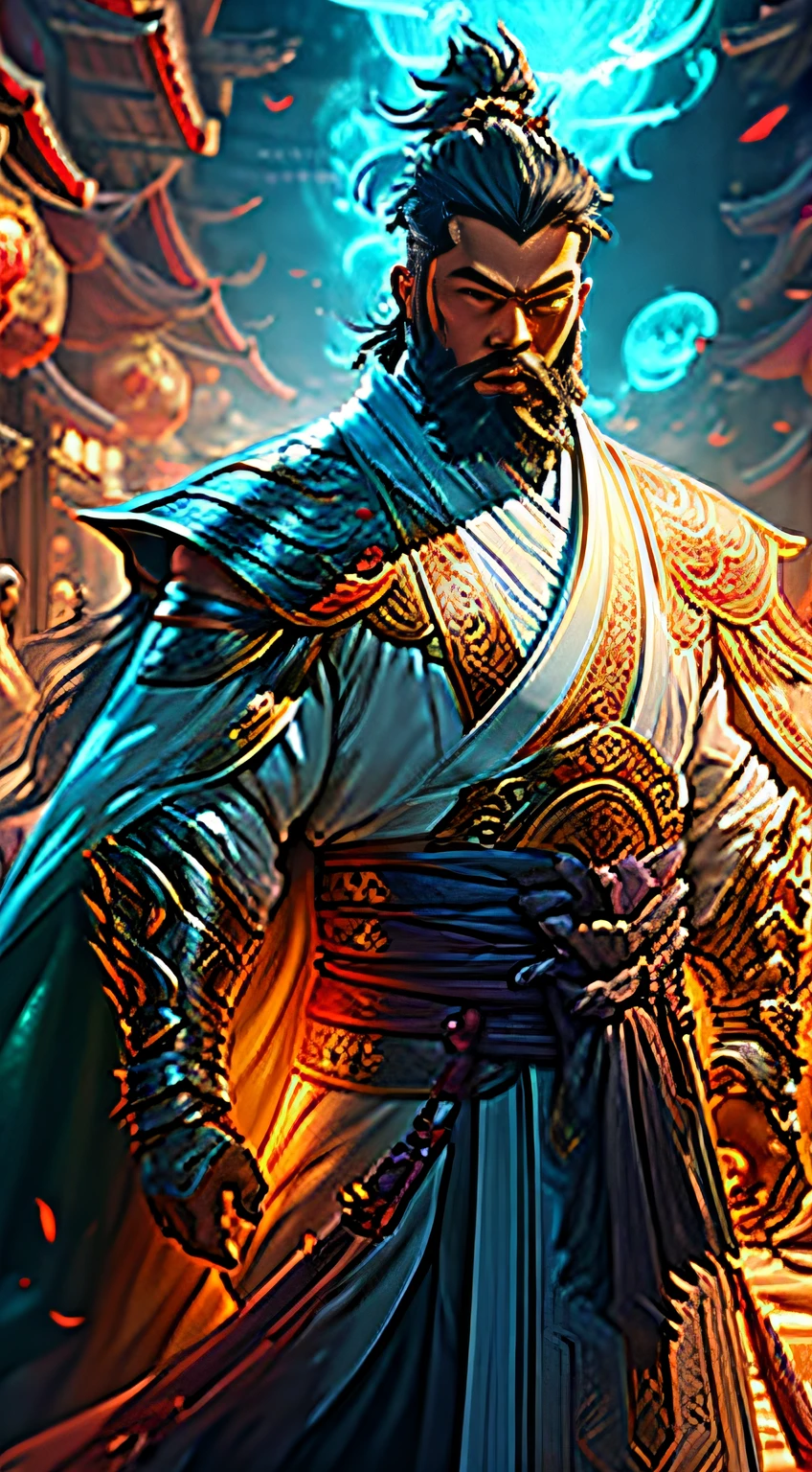 1boys, Abs, Beard, Cape, clenched hand, Facial hair, Holding, holdingsword, Jade jewelry, Male focus, Manly, Muscular, Muscular male, chest muscle, Solo, {Bone Greatsword}，Chinese style,Full shot,[[[hair splayed out]]],Fur cape,Scar，tribe,Patriarch,tribal tattoos,full bodyesbian,Mature male,Xia Dynasty,Hanfu