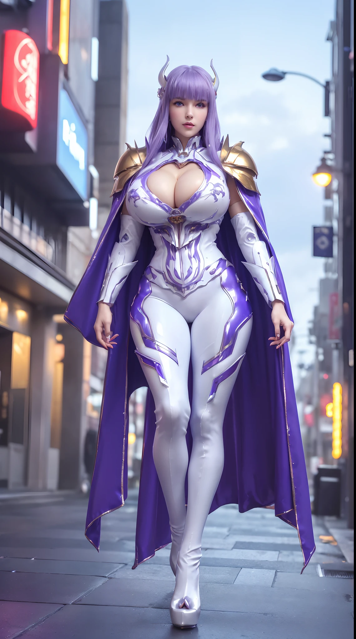 1GIRL, SOLO, (ssmile, makeup, beautifull eyes, red libs, white front bangs hair, gold ornament hair), (HUGE FAKE BOOBS:1.3), (GUARD ARM), (white, purple, blue, FUTURISTIC MECHA DRAGON ARMOR SUIT, ROYAL CAPE, CLEAVAGE, SKINTIGHT YOGA PANTS, HIGH HEELS:1.5), (SLENDER BODY, SEXY LONG LEGS, FULL BODY:1.3), (LOOKING AT VIEWER:1), (WALKING DOWN ON STREET NIGHT CITY:1.3), PHYSICALLY-BASED RENDERING, ULTRA HIGHT DEFINITION, 8K, 1080P.
