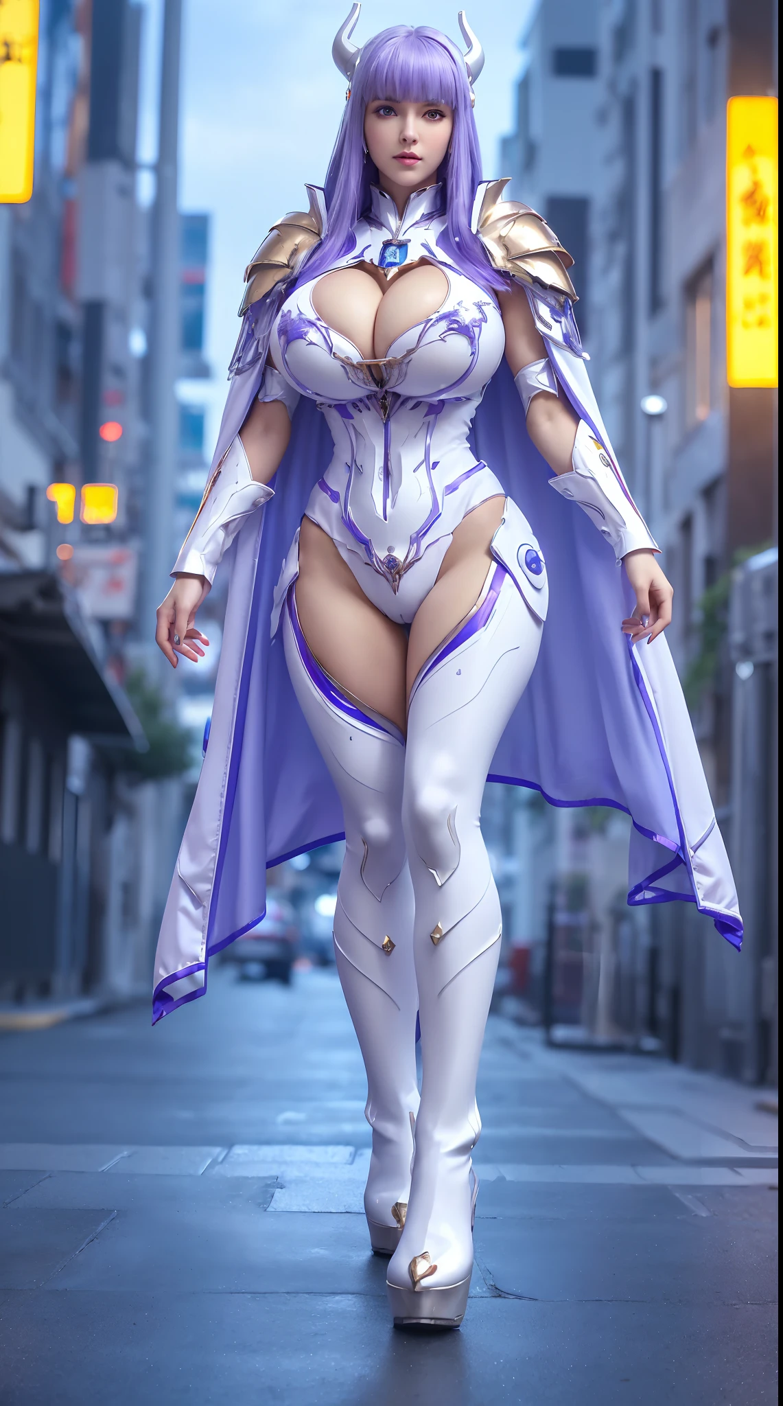 1GIRL, SOLO, (ssmile, makeup, beautifull eyes, red libs, white front bangs hair, gold ornament hair), (HUGE FAKE BOOBS:1.3), (GUARD ARM), (white, purple, blue, FUTURISTIC MECHA DRAGON ARMOR SUIT, ROYAL CAPE, CLEAVAGE, SKINTIGHT YOGA PANTS, HIGH HEELS:1.5), (SLENDER BODY, SEXY LONG LEGS, FULL BODY:1.3), (LOOKING AT VIEWER:1), (WALKING DOWN ON STREET NIGHT CITY:1.3), PHYSICALLY-BASED RENDERING, ULTRA HIGHT DEFINITION, 8K, 1080P.