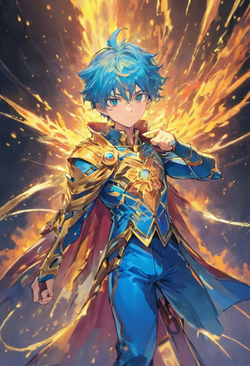 MALE Character, Boy, Blue Hair, Red Eyes, Wizard outfit, Warrior clothes, Isekai World Background