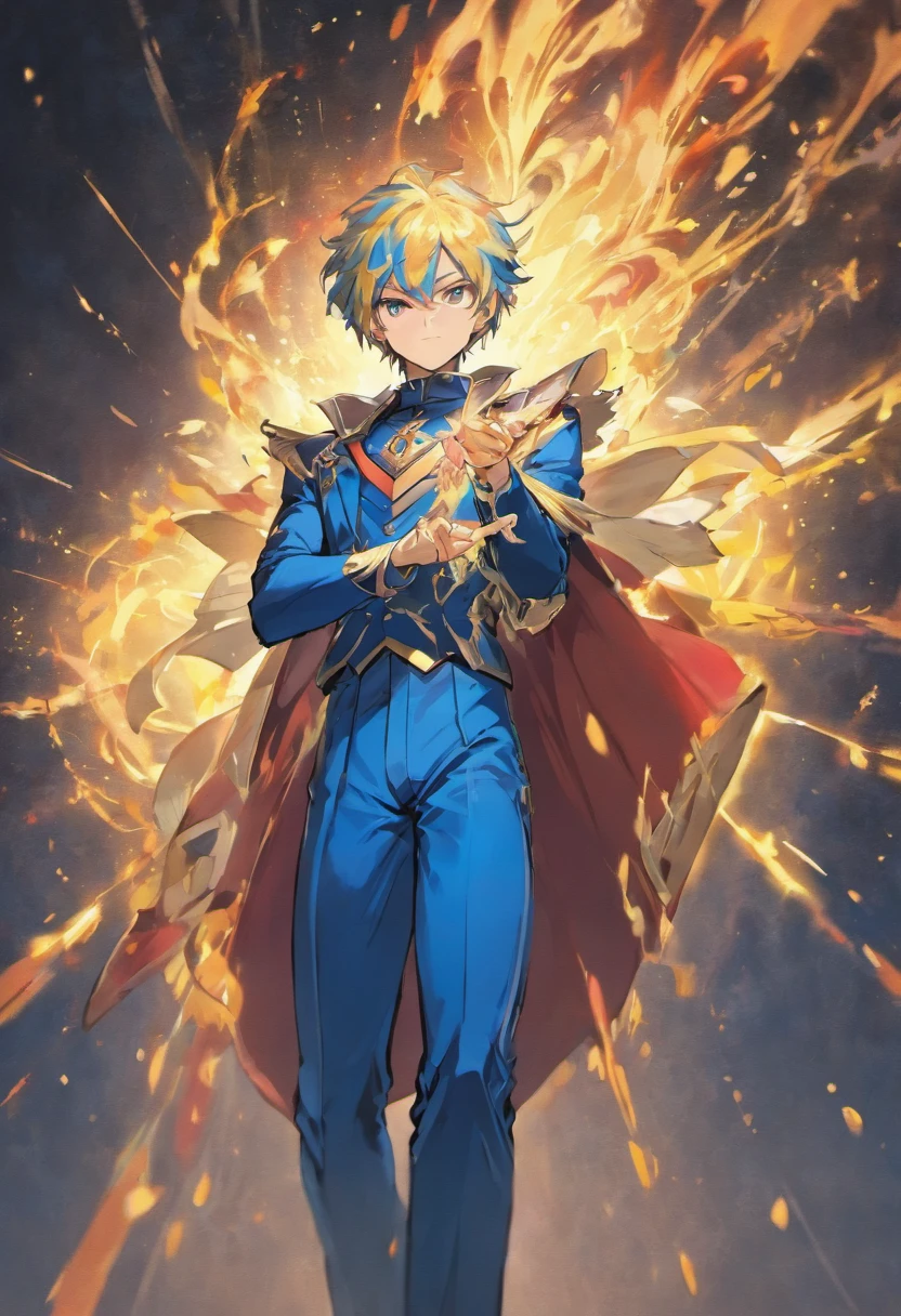 male in a blue suit, full portrait of electromancer, hero character art, iconic character splash art, heroic masculine pose, white cape, red and gold details on the suit, blue hair, yellow eyes