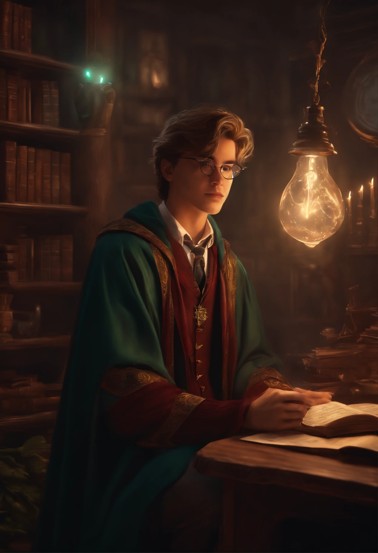 90's style teenager Wizard, Hogwarts student () digital art, chilling, awesome lightning, in his room, practicing
