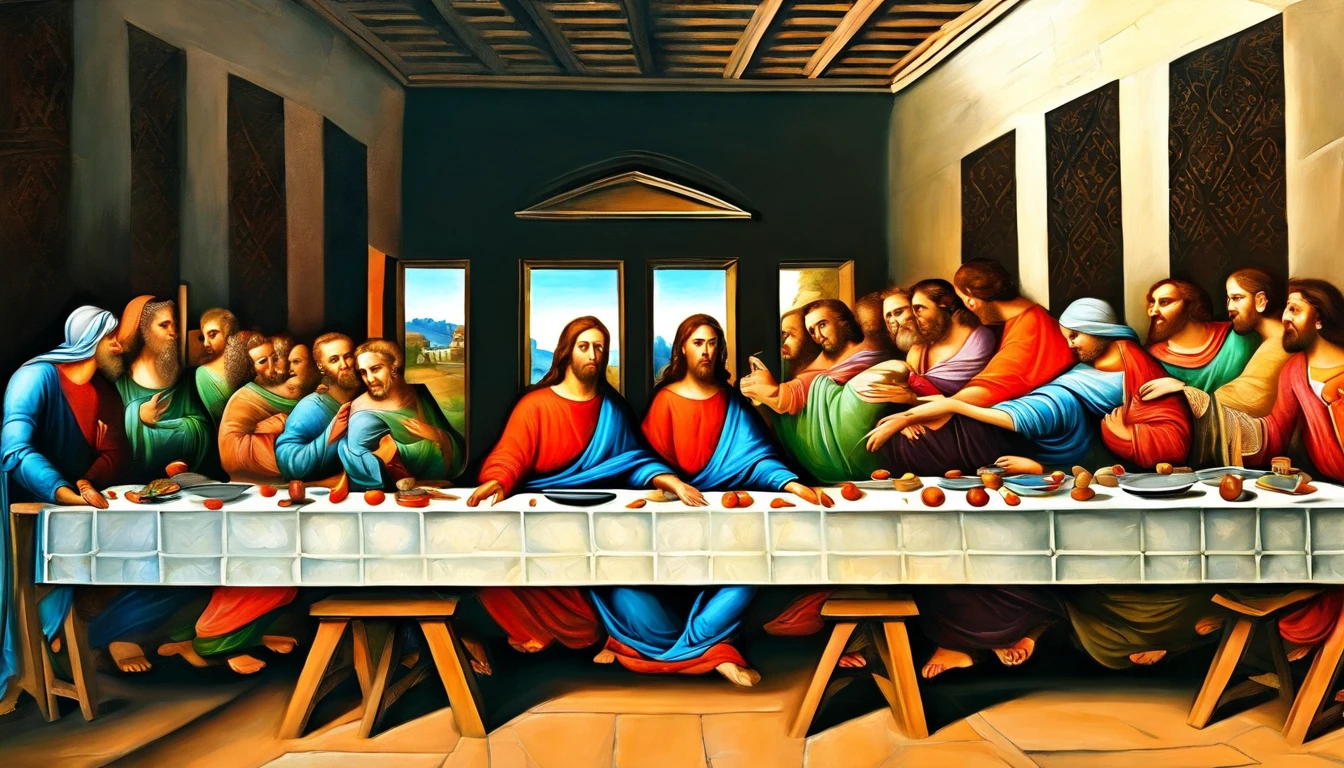 last supper，Biblical style，Twelve apostles，Jesus Christ,,Multi-person gatherings, papyrus,Weathered parchment,Old dress,,Historical reference,High quality artwork and details,Realistic portrait style,Subtle color palette,Vibrant background,Natural textures,Deep shadows,subtle highlights,historically accurate,Meticulous attention to detail,Emotional depth and intensity,True representation,Thought-provoking,spiritual ambiance,An ancient sense of wisdom,Profound impact