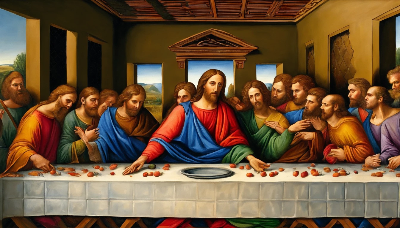 last supper，Biblical style，Twelve apostles，Jesus Christ,,Multi-person gatherings, papyrus,Weathered parchment,Old dress,,Historical reference,High quality artwork and details,Realistic portrait style,Subtle color palette,Vibrant background,Natural textures,Deep shadows,subtle highlights,historically accurate,Meticulous attention to detail,Emotional depth and intensity,True representation,Thought-provoking,spiritual ambiance,An ancient sense of wisdom,Profound impact