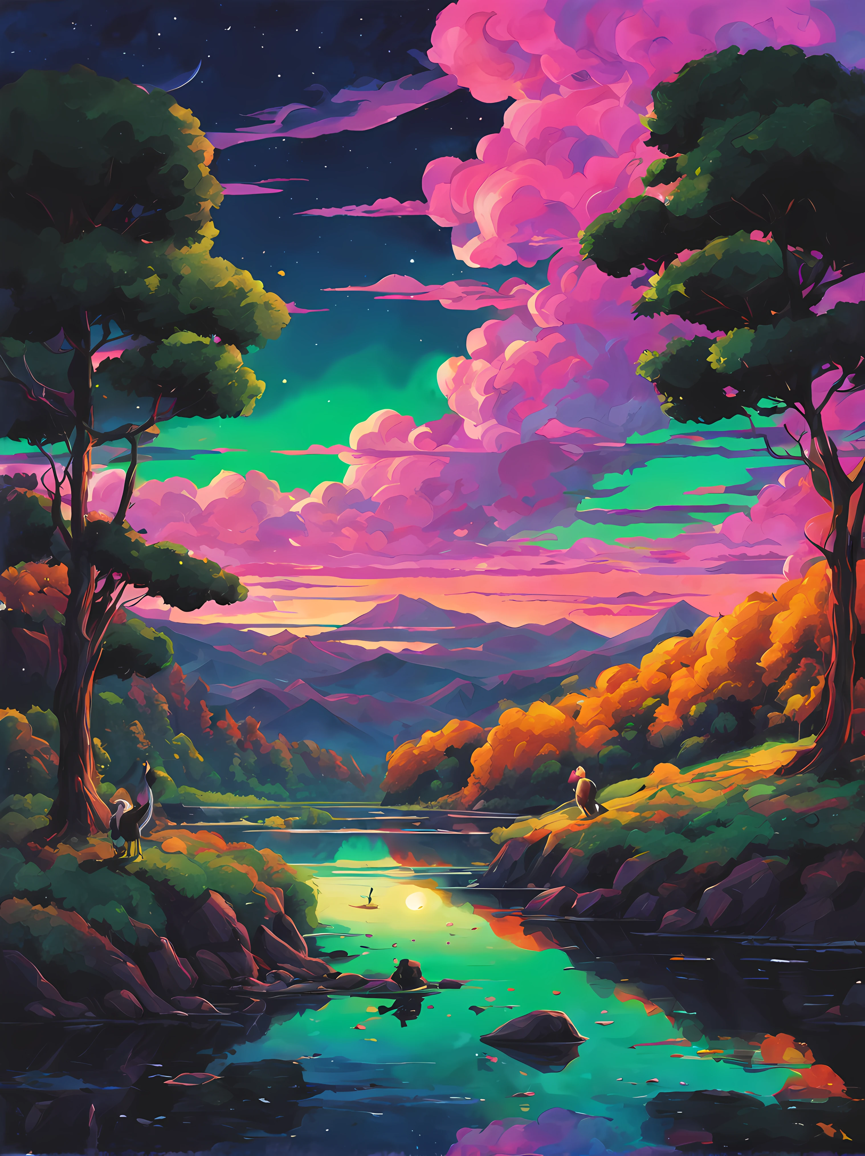 halloween theme, Beautiful majestic river landscape, nebula and starlit sky, Mind expanding, Optical art, Art nouveau, Psychedelic art, kaleidoscopic, Bright, Green, Pink, Purple, orange and Yellow, golden ratio, fake detail, trending pixiv fanbox, acrylic palette knife, style of makoto shinkai studio ghibli genshin impact james gilleard greg rutkowski chiho aoshima