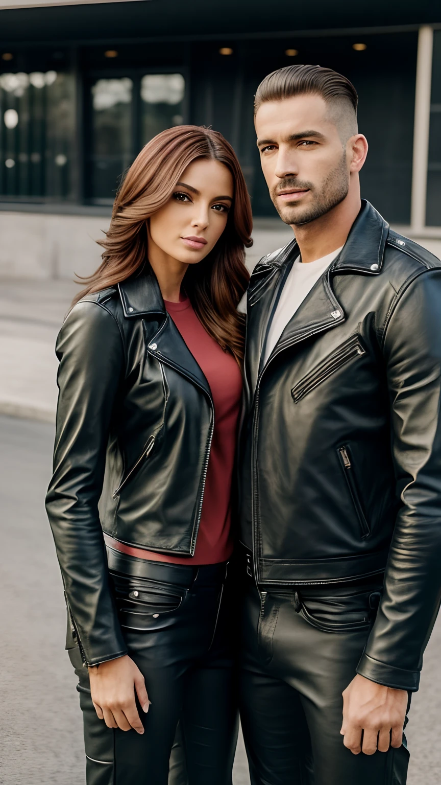 A man and a woman in leather jackets and pants next to each other, retrato de casais, corpo inteiro, (mulher bonita, com cabelos castanhos e mexas vermelhas, olhos verdes) (homem bonito, forte, cabelo castanho) (realista, alta qualidade, 8k)