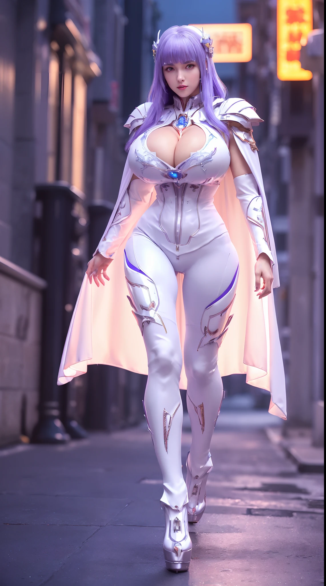 1GIRL, SOLO, (ssmile, makeup, beautifull eyes, red libs, white front bangs hair, gold ornament hair), (HUGE FAKE BOOBS:1.3), (GUARD ARM), (white, purple, blue, FUTURISTIC MECHA DRAGON ARMOR SUIT, ROYAL CAPE, CLEAVAGE, SKINTIGHT YOGA PANTS, HIGH HEELS:1.5), (SLENDER BODY, SEXY LONG LEGS, FULL BODY:1.3), (LOOKING AT VIEWER:1), (WALKING DOWN ON STREET NIGHT CITY:1.3), PHYSICALLY-BASED RENDERING, ULTRA HIGHT DEFINITION, 8K, 1080P.