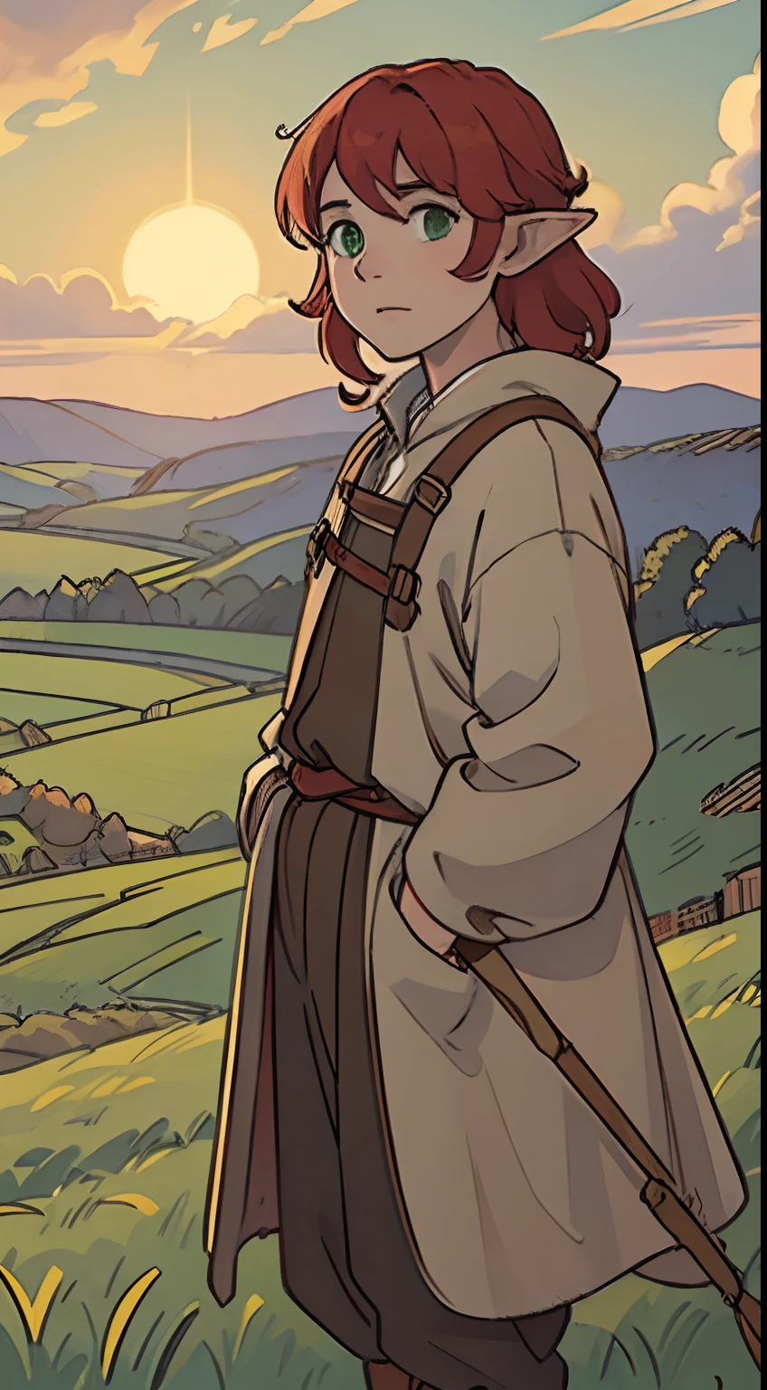 (fluffy Red-haired farmer boy, shepherd, commoner clothes, green eyes, medieval):(best quality, 4k, high-res, masterpiece:1.2), ultra-detailed, (realistic, photorealistic, photo-realistic:1.37), rustic, idyllic, soft color palette, warm sunlight, gentle breeze, , traditional landscape, scenic tranquility, peaceful countryside European, Brown leather clothes, Elven ears MALE.