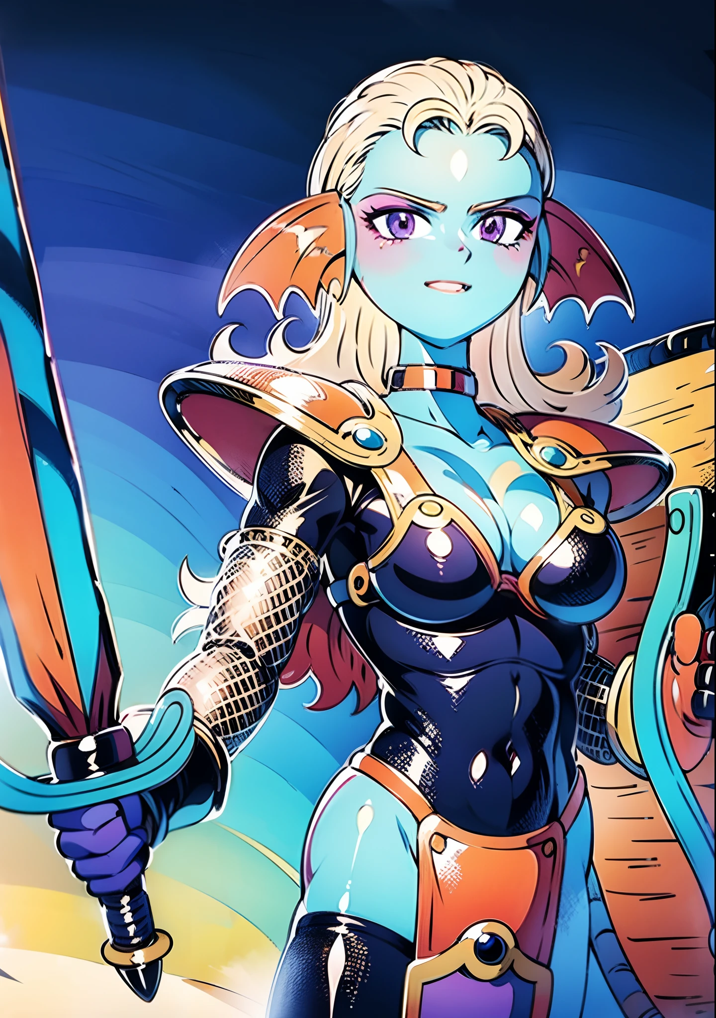 8K,High quality,Anime,married,Beautiful woman,Bright,Eye Highlights,Purple eyes,Sexy,ultra gigantic tits,oversized tits,Dark blue ,Erotic,beautiful line art. Blue skin, Blue and orange gradient fins, Black Bikini Armor, holding swords, Holding Shield, Bejeweled ornaments and bikini armor, Highly revealing outfits, Dark Facial Makeup,