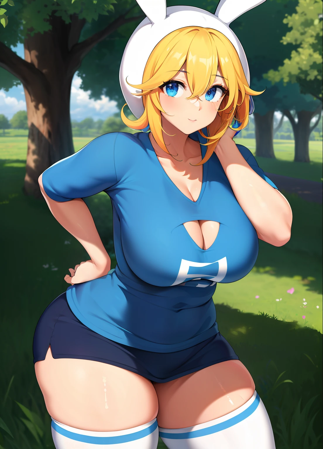 ((masterpiece)), (best quality:1.7), (detailed:1.4), (high res:1.4), 8k, (colorful:1.5), 2d, high resolution, sharped image, 4k, hd, fionna_advtime, 1girl, (((solo))), blonde hair, blue eyes, medium hair, rabbit hood, white thighhighs, large breasts, cowboy shot, hoodie, treadmill shoes, shirt, field, cleavage, grass, clouds, sky, trees, hair between eyes, white bottom, focus on character, on all frame, skirt, ((curvy body)),upper body