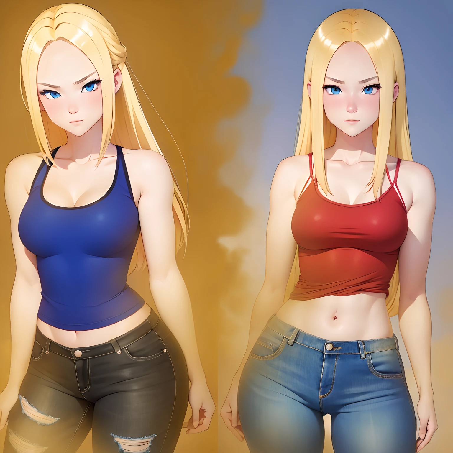 Blonde hair, white skin, blue eyes, red tank top, shorts jeans, sexy pose, anime style, anime artstyle