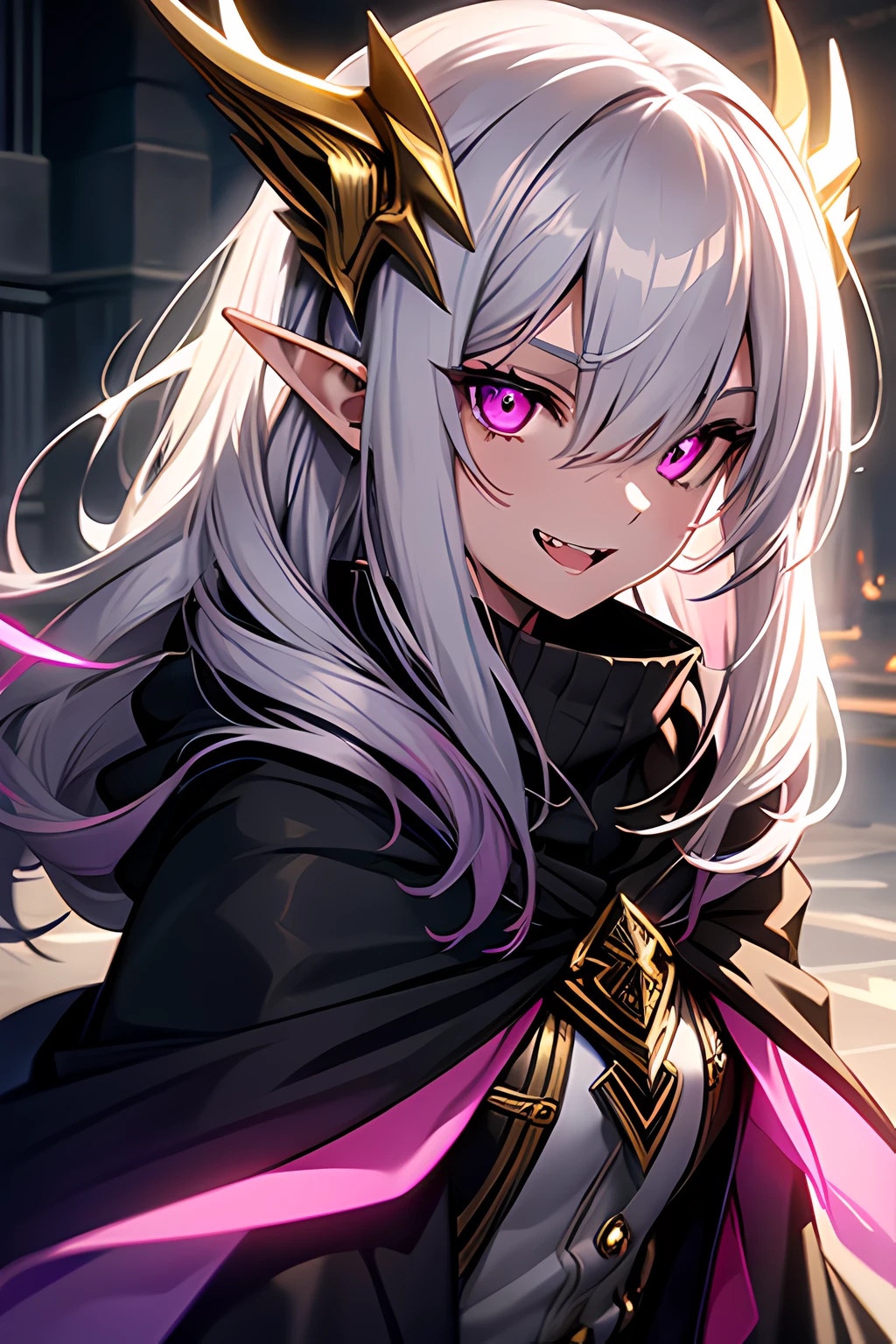 1girl, Highly detailed, elf ears, silver-grey hair, black cloak with gold accents, purple-pink eyes, glowing eyes, laughing, fangs, dragon eyes, feathered hair, slender, small-medium chest, soft eyes, masterpiece