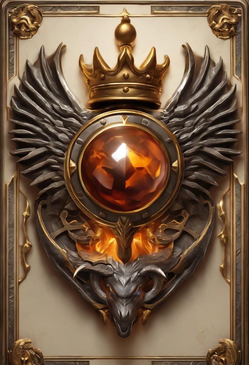 Gaming medallion with metal faucet close-up with crown,Close-up of the dragon's head,Estilo de arte Hearthstone, Arte de estilo Hearthstone, Arte conceptual de Hearthstone, Arte conceptual del juego Riot, Estilo de League of Legends, Iconic Character Splash Art, Corona de League of Legends,Insignia del juego,Plumas de metal circundantes,Oro naranja,Renderizado C4D,Menos detalles,menos detalles,Enorme grifo de metal en el medio,La cabeza tiene hermosas piedras preciosas