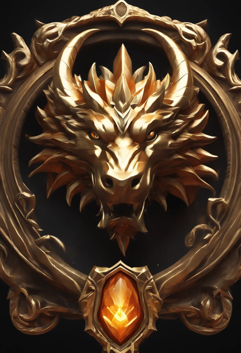 Gaming medallion with metal faucet close-up with crown,Close-up of the dragon's head,Estilo de arte Hearthstone, Arte de estilo Hearthstone, Arte conceptual de Hearthstone, Arte conceptual del juego Riot, Estilo de League of Legends, Iconic Character Splash Art, Corona de League of Legends,Insignia del juego,Plumas de metal circundantes,Oro naranja,Renderizado C4D,Menos detalles,menos detalles,Enorme grifo de metal en el medio,La cabeza tiene hermosas piedras preciosas