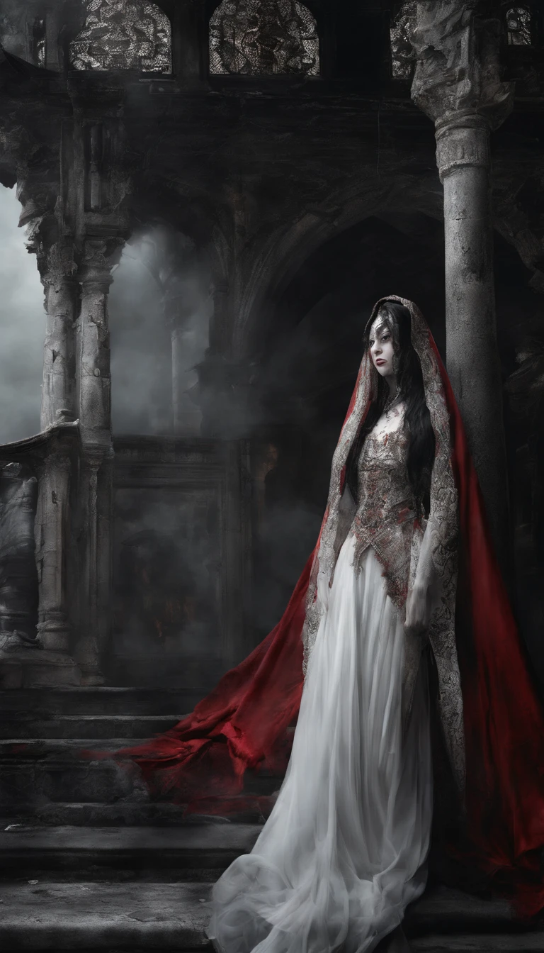 (best quality, masterpieces, hyper-realistic, ultra high-resolution, realistic:1.4), oriental ancient house in the background, damaged, broken, detailed facial features, 1 oriental girl, red clothing, wedding dress, red veil, (ethereal smoke:1.2), upper body, beautiful girl, full body, architecture