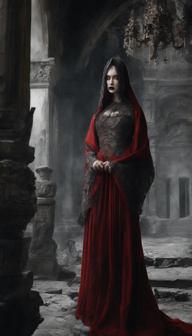 (best quality, masterpieces, hyper-realistic, ultra high-resolution, realistic:1.4), oriental ancient house in the background, damaged, broken, detailed facial features, 1 oriental girl, red clothing, wedding dress, red veil, (ethereal smoke:1.2), upper body, beautiful girl, full body, architecture