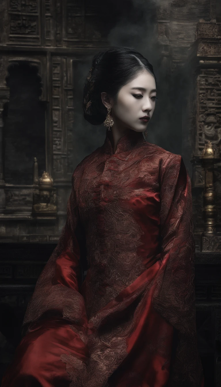 best qualtiy,tmasterpiece,hyper realisitc,超高分辨率,(realisticlying:1.4),Oriental ancient house in the background,Breakage,Broken,Detal Face, 1 Oriental Girl,Redcoat,Wedding dress,red veil,(Ghost smoke:1.2),The upper part of the body,a beauty girl,full bodyesbian,buliding,
